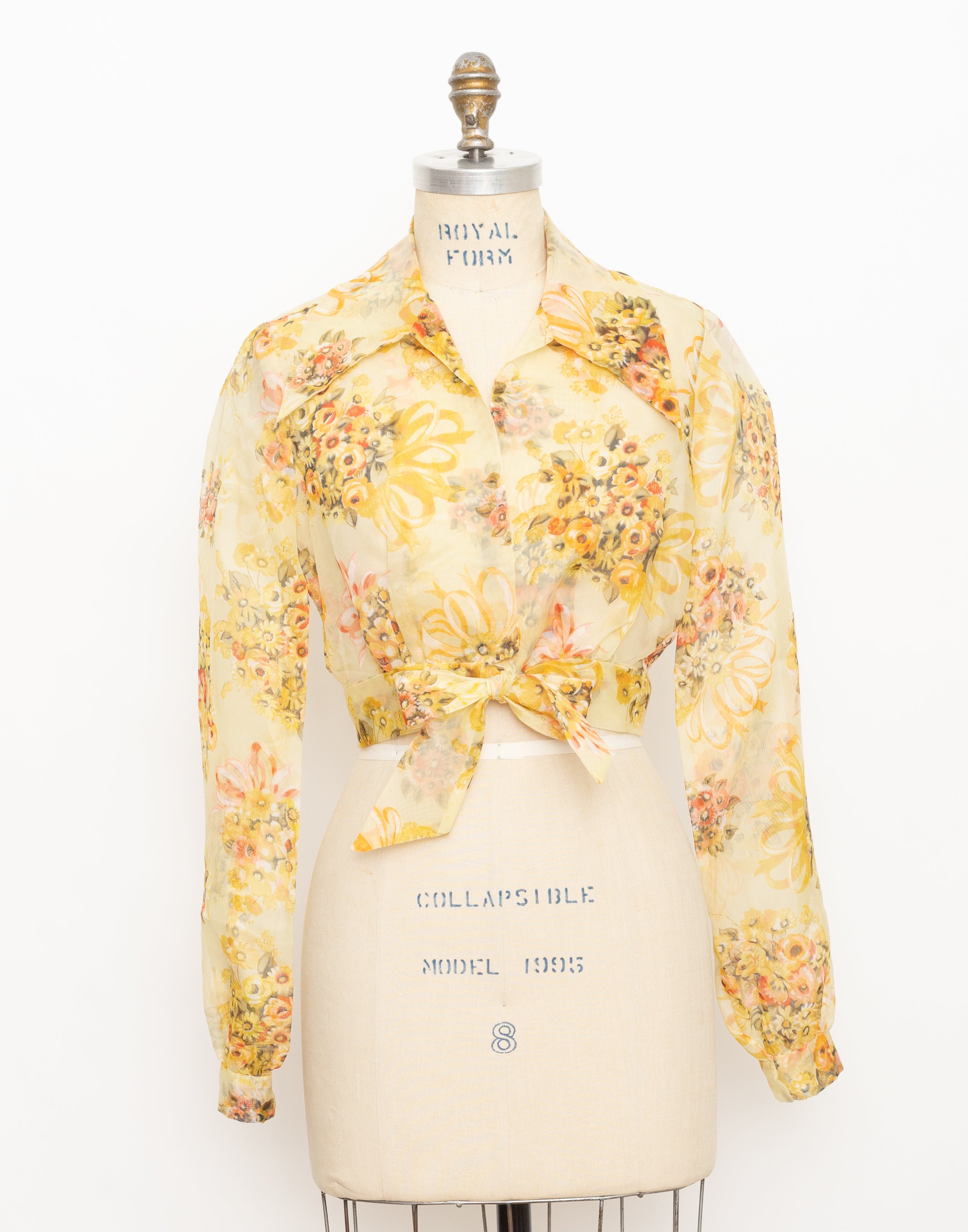 1970s yellow floral sheer organza top 1