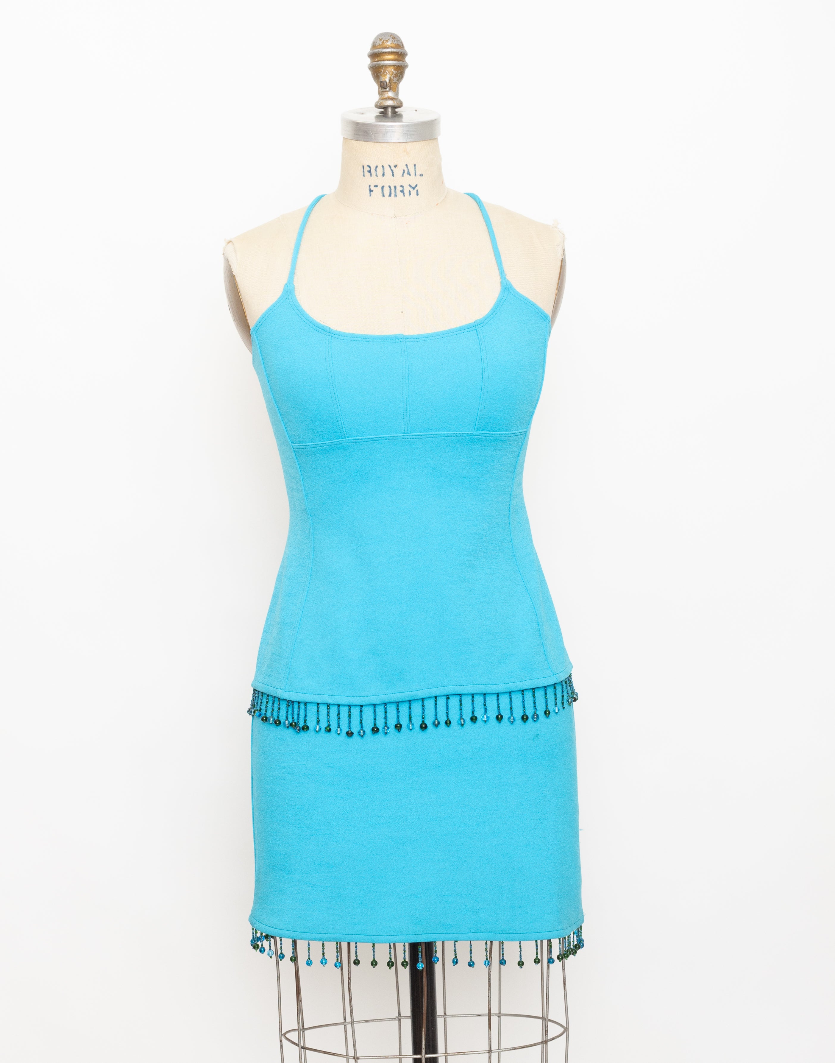 1990s Cache bright turquoise beaded fringe trim top + skirt set 1