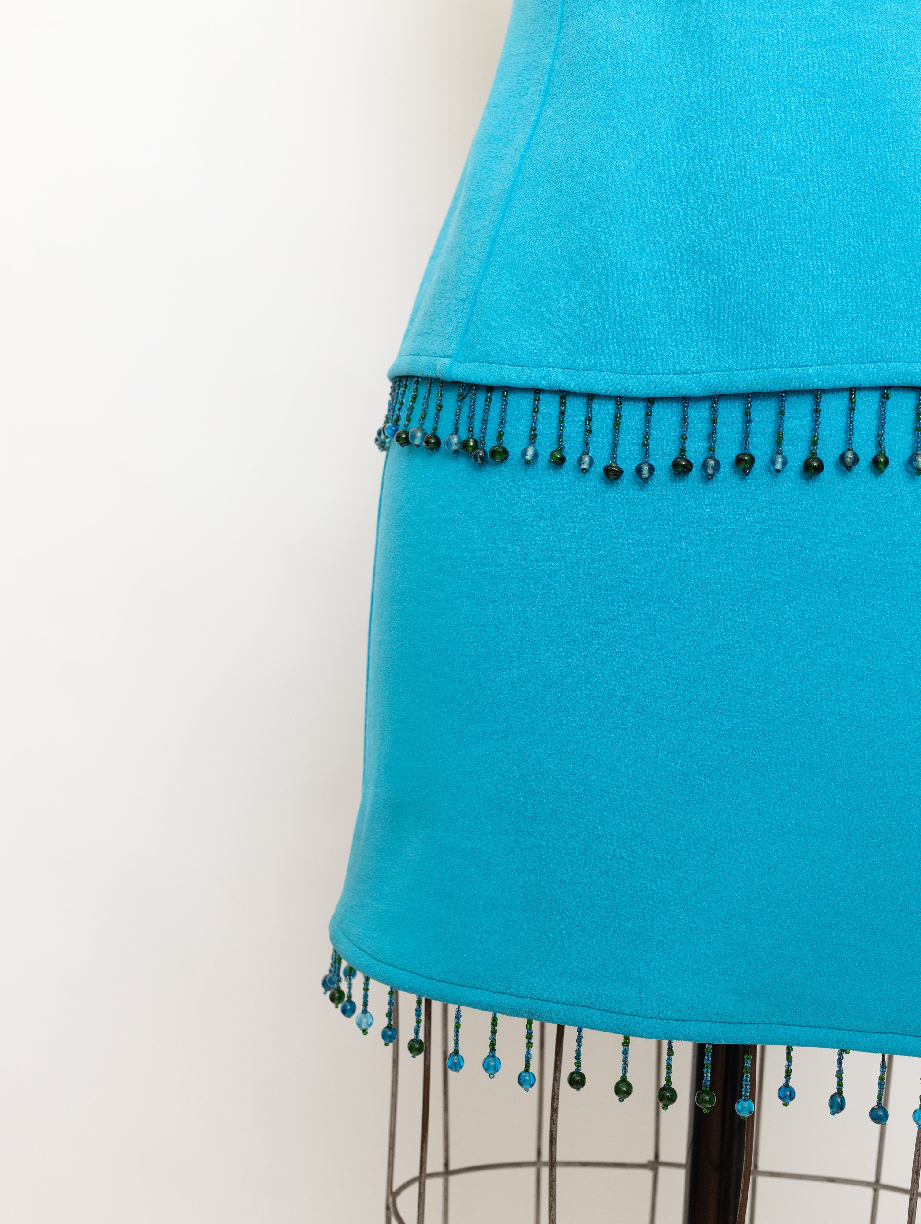1990s Cache bright turquoise beaded fringe trim top + skirt set 4
