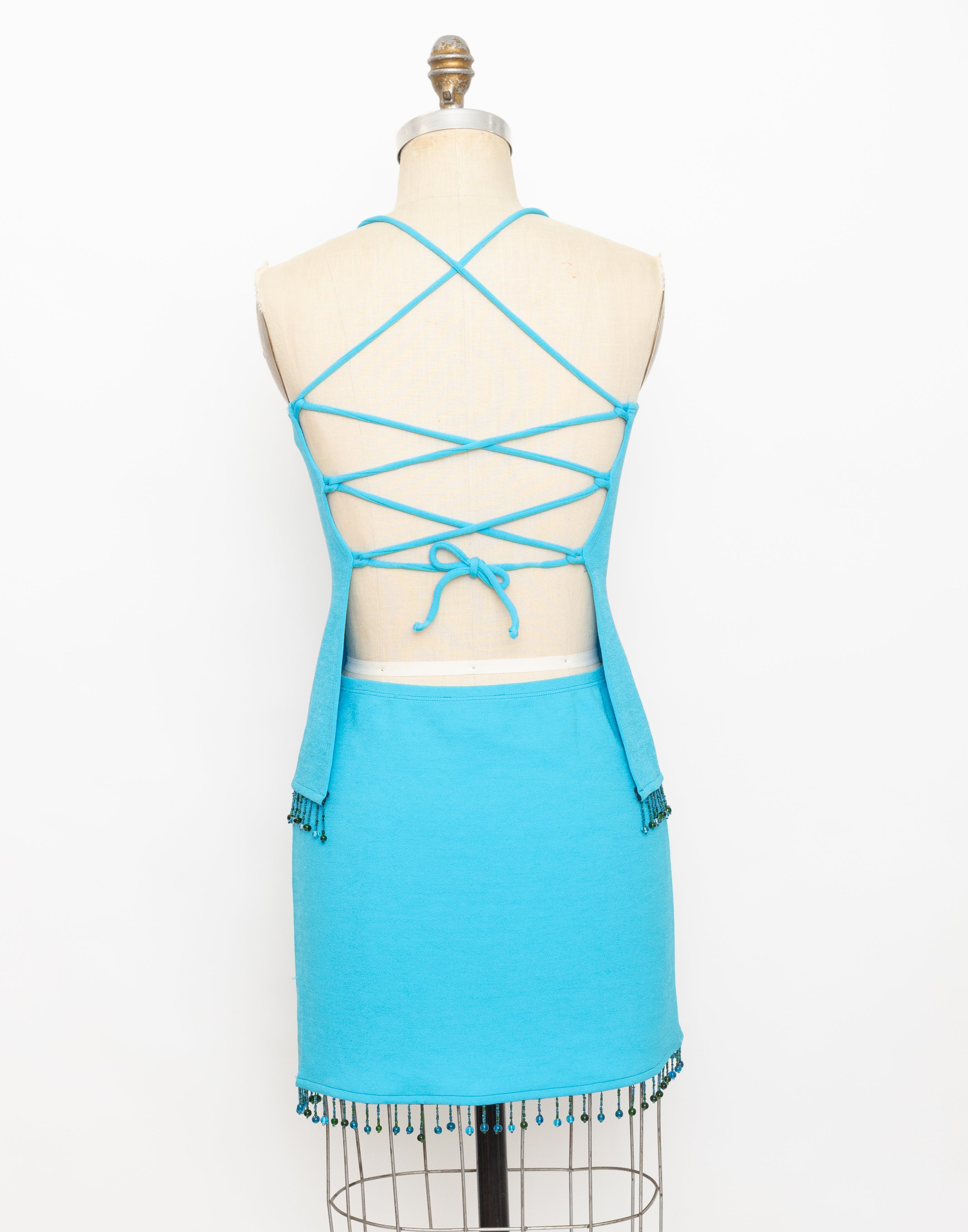 1990s Cache bright turquoise beaded fringe trim top + skirt set 7