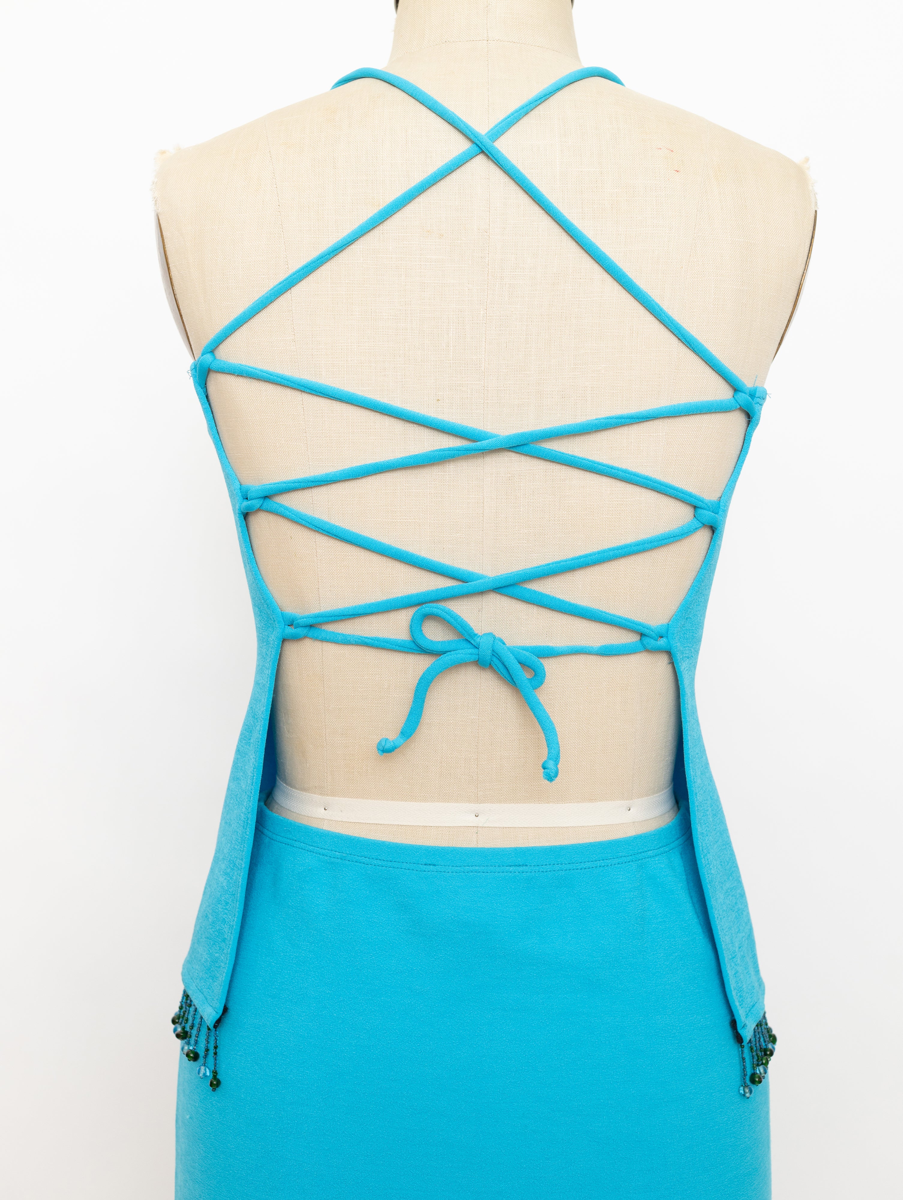 1990s Cache bright turquoise beaded fringe trim top + skirt set 8