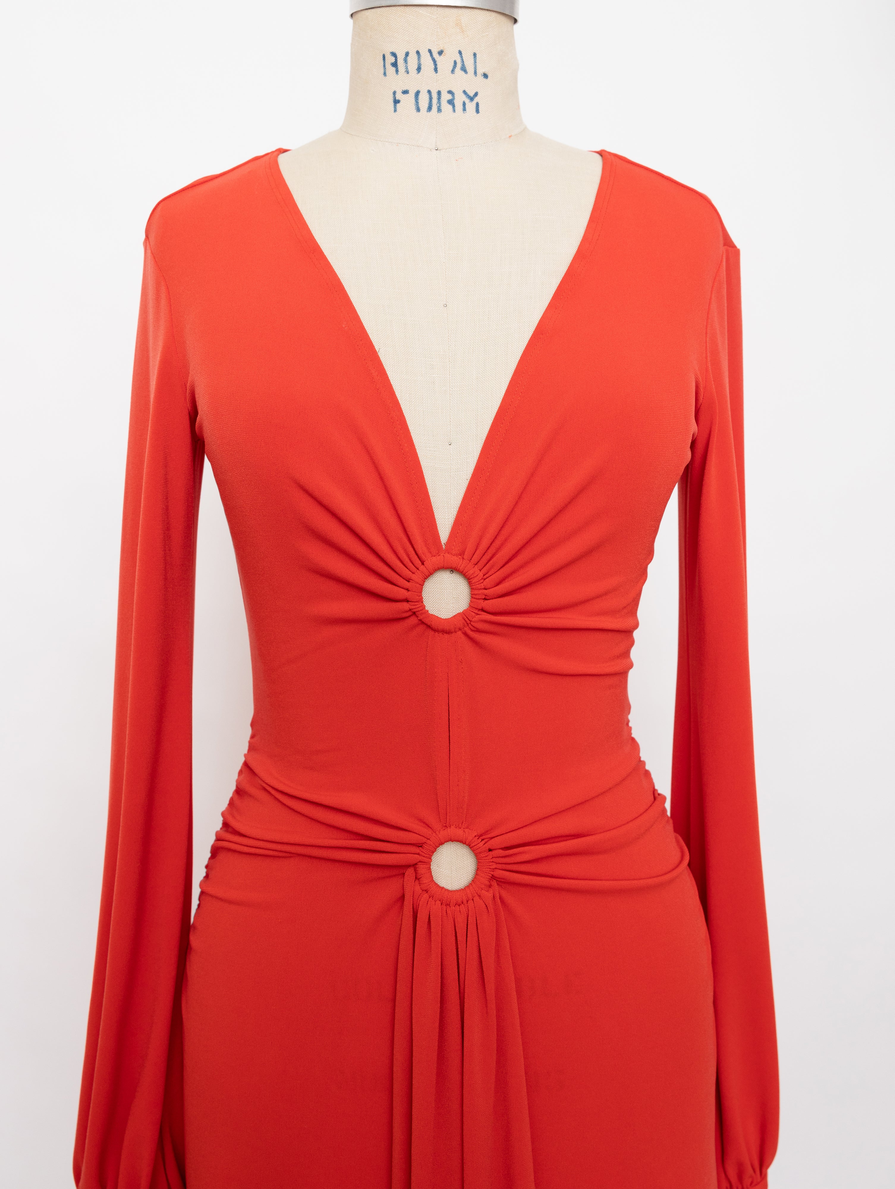 2000s Donna Morgan red keyhole detail long sleeve draped dress 4