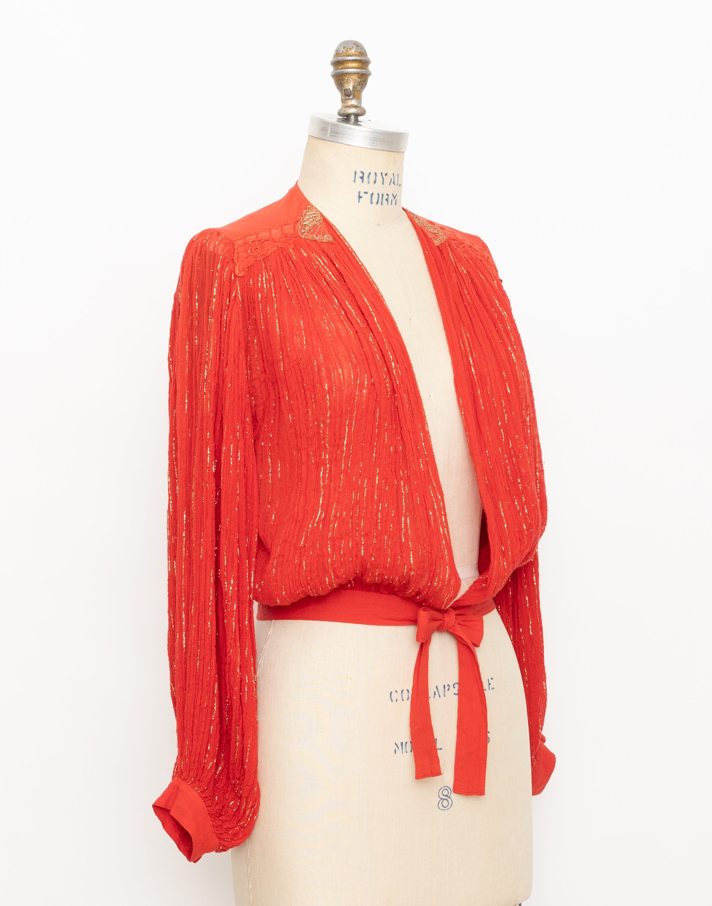 70s 80s made in Greece red + gold crinkle gauze with waist tie top 2