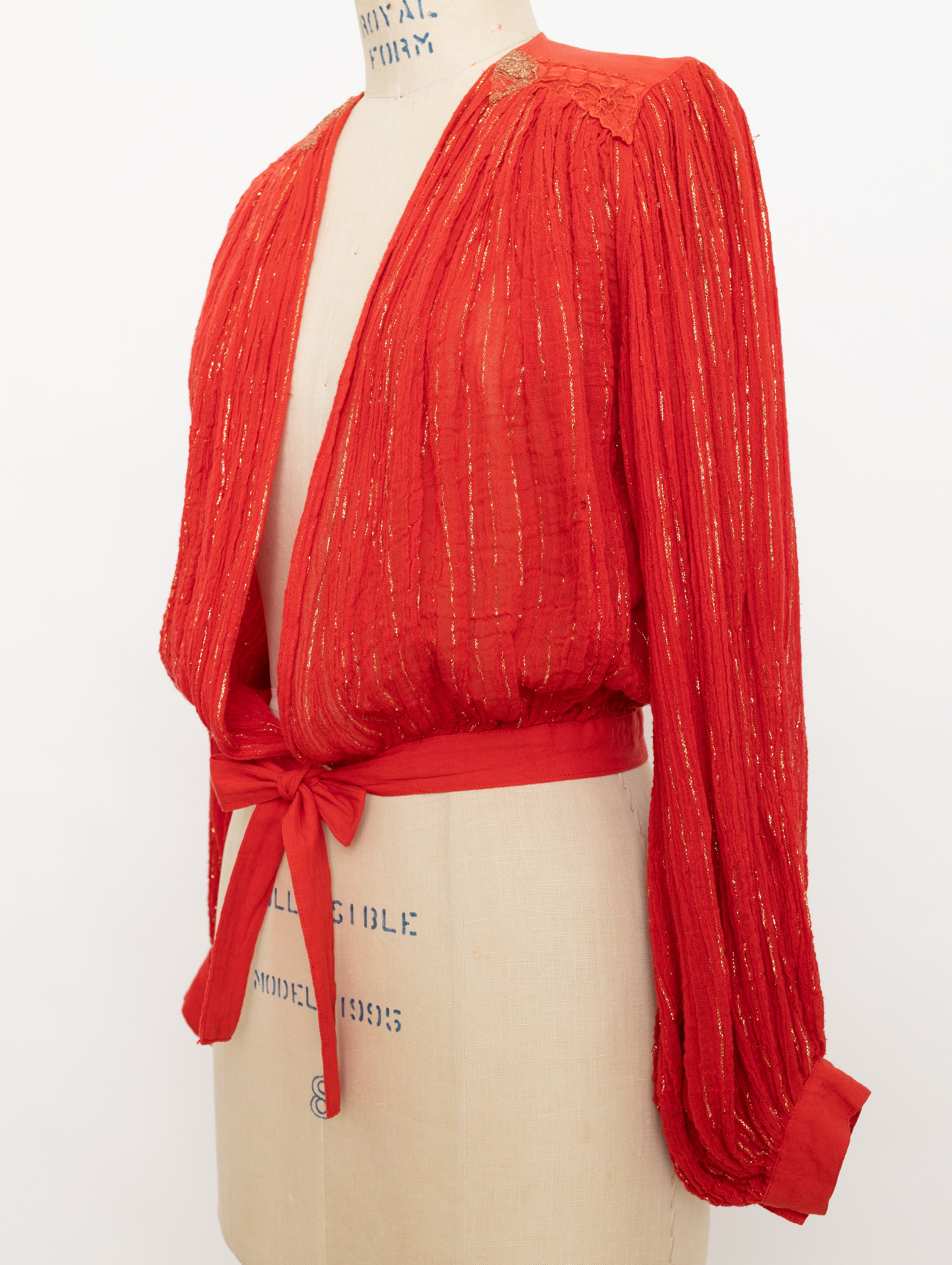 70s 80s made in Greece red + gold crinkle gauze with waist tie top 4