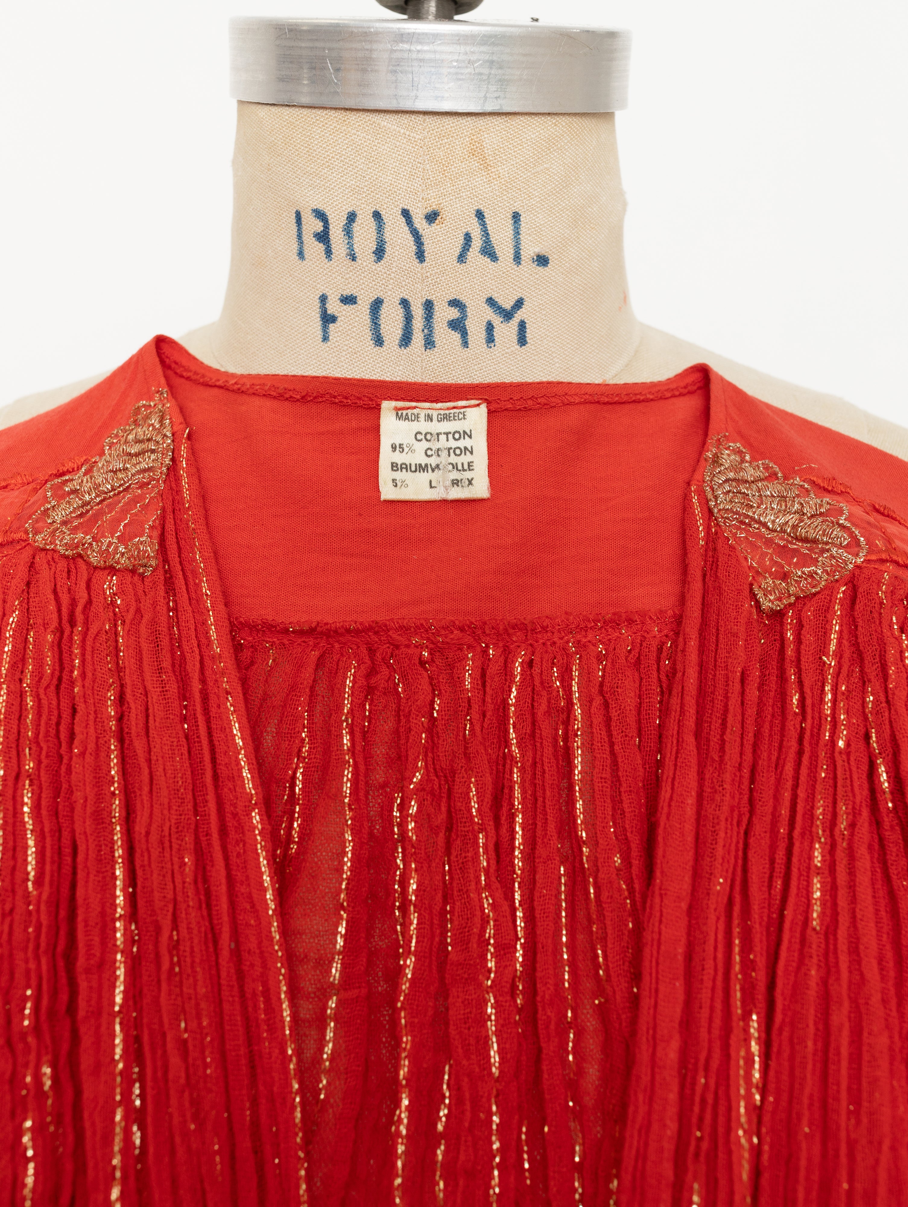 70s 80s made in Greece red + gold crinkle gauze with waist tie top 6