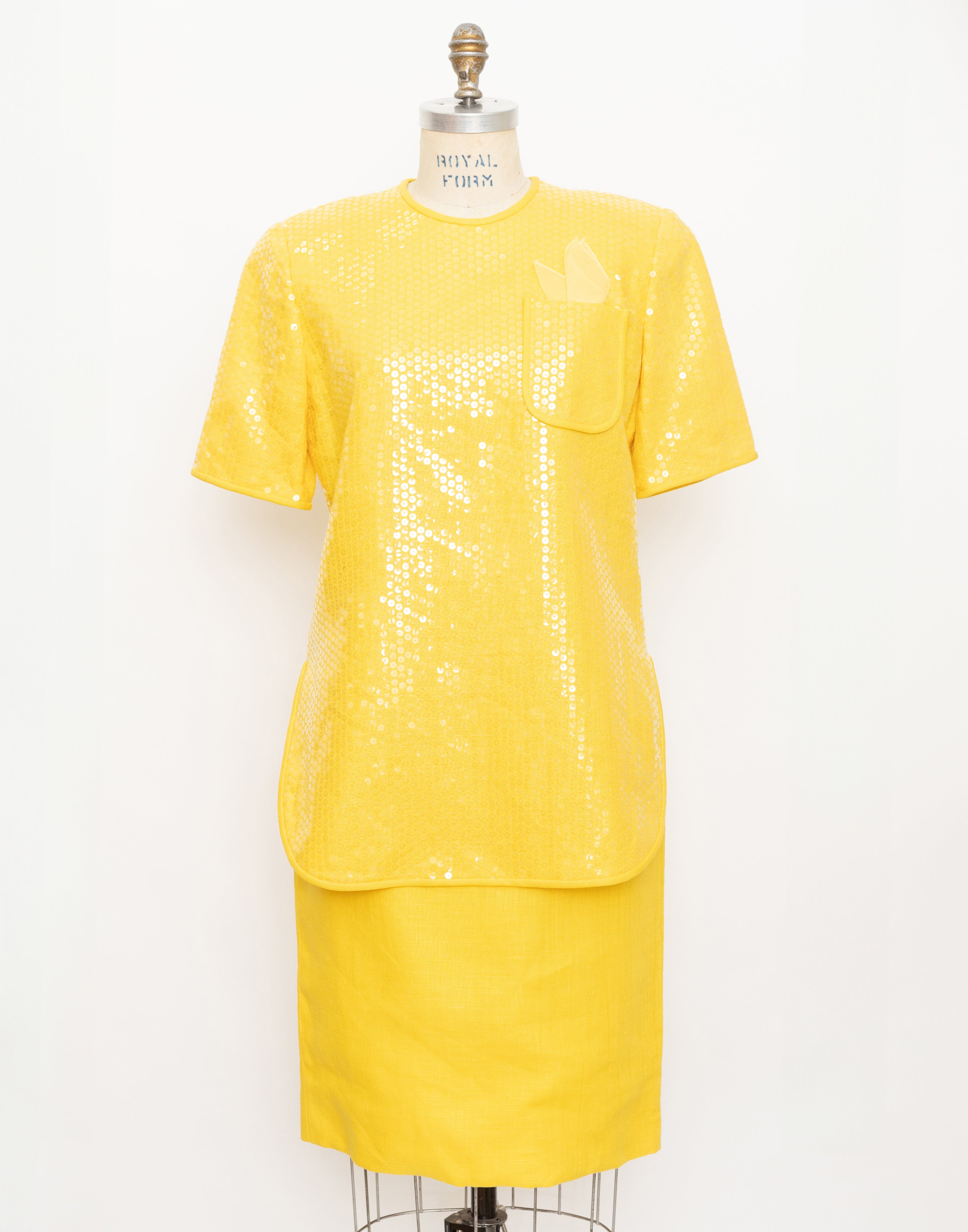 80s/90s William Pearson yellow sequin top and linen skirt set 1