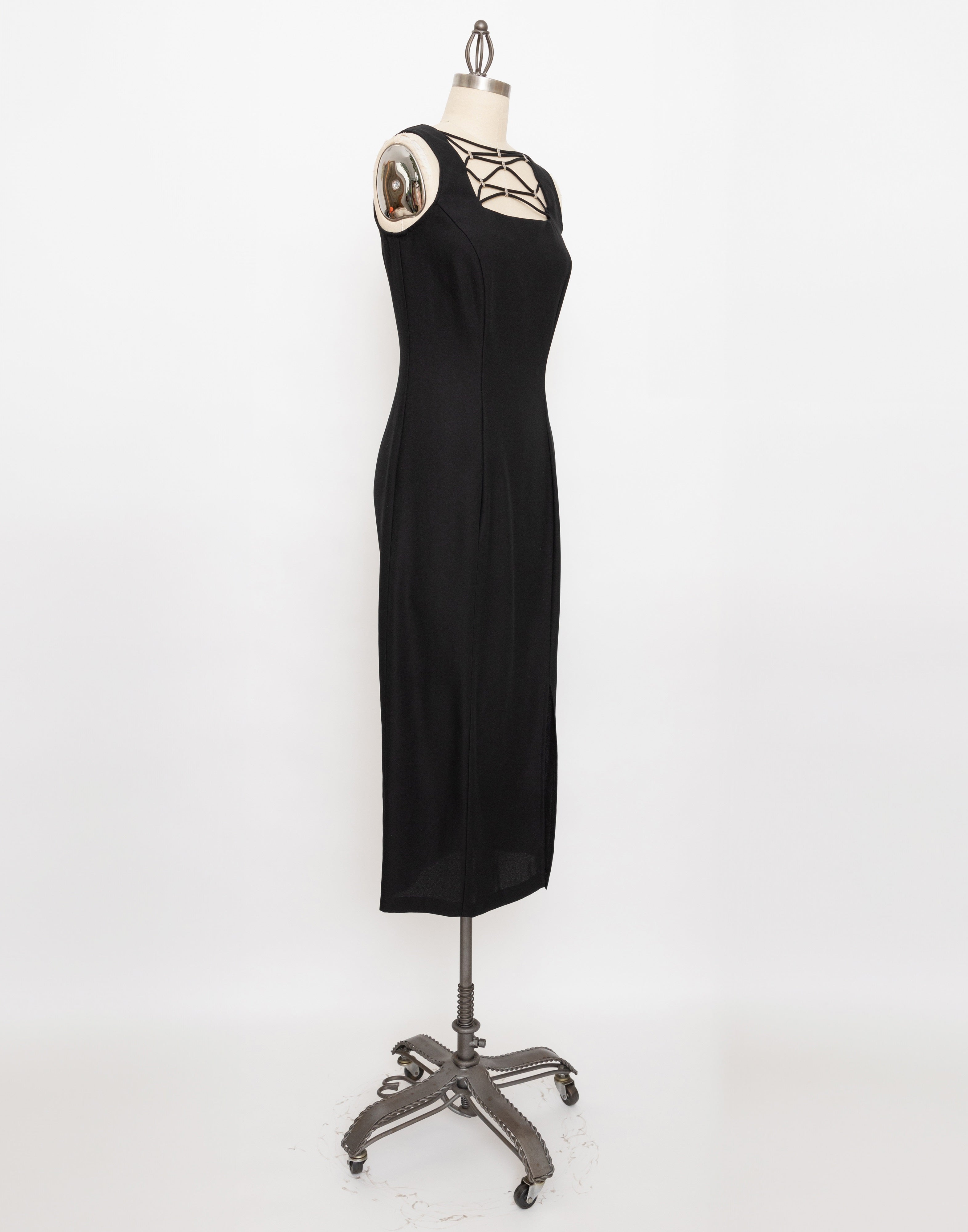 90s black criss cross neckline sleeveless midi dress