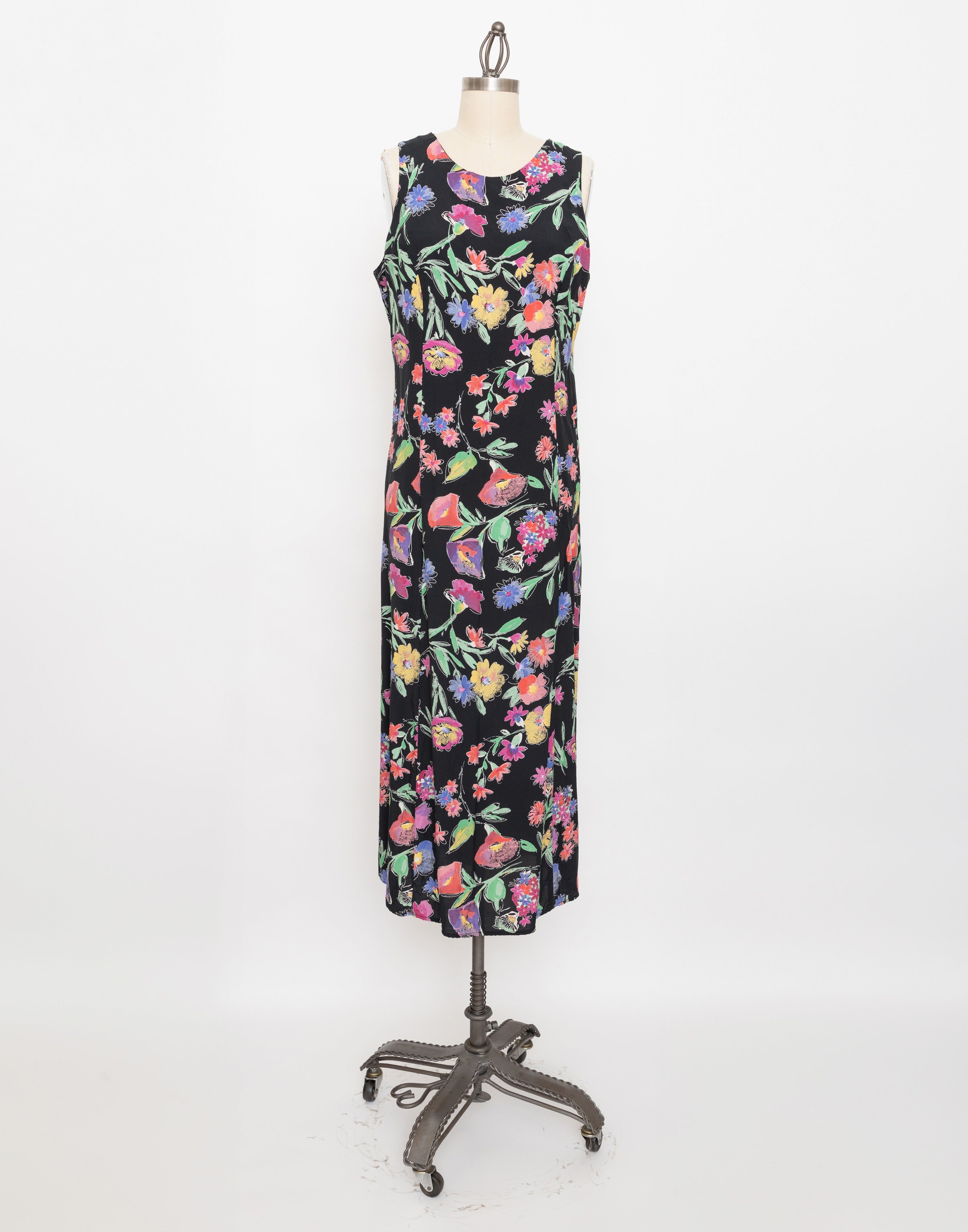 90s black colorful floral sleeveless dress with lace up back