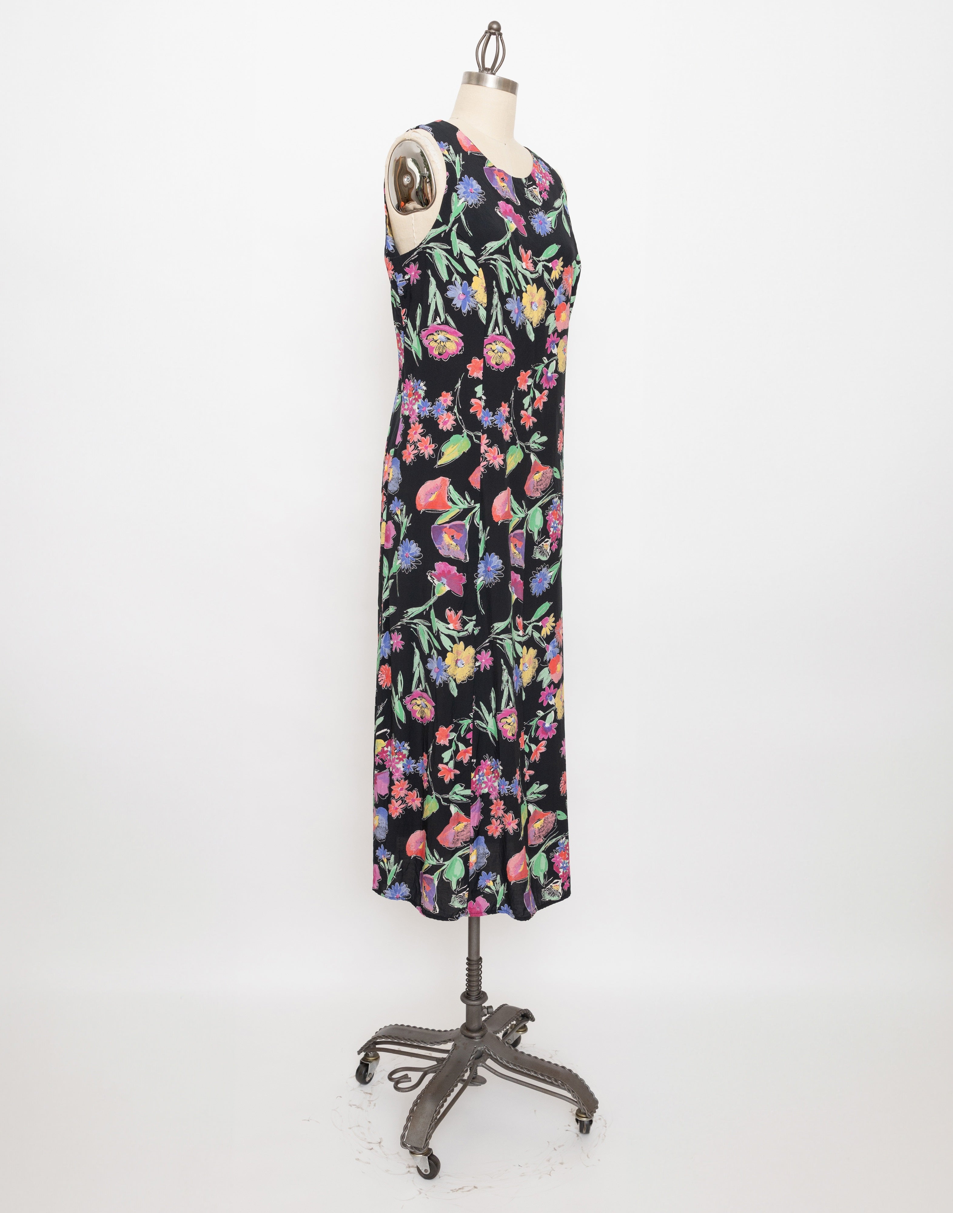 90s black colorful floral sleeveless dress with lace up back
