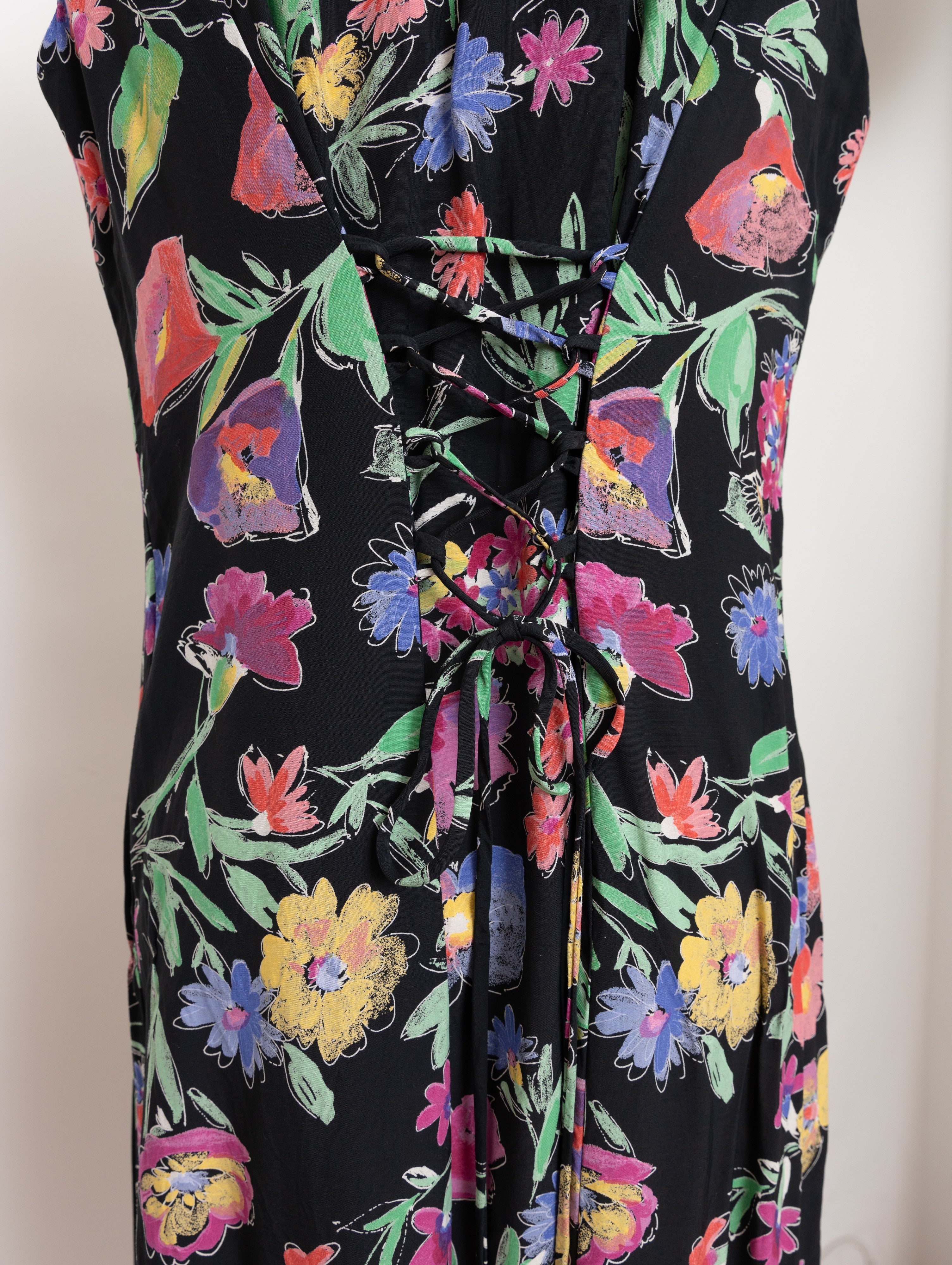 90s black colorful floral sleeveless dress with lace up back