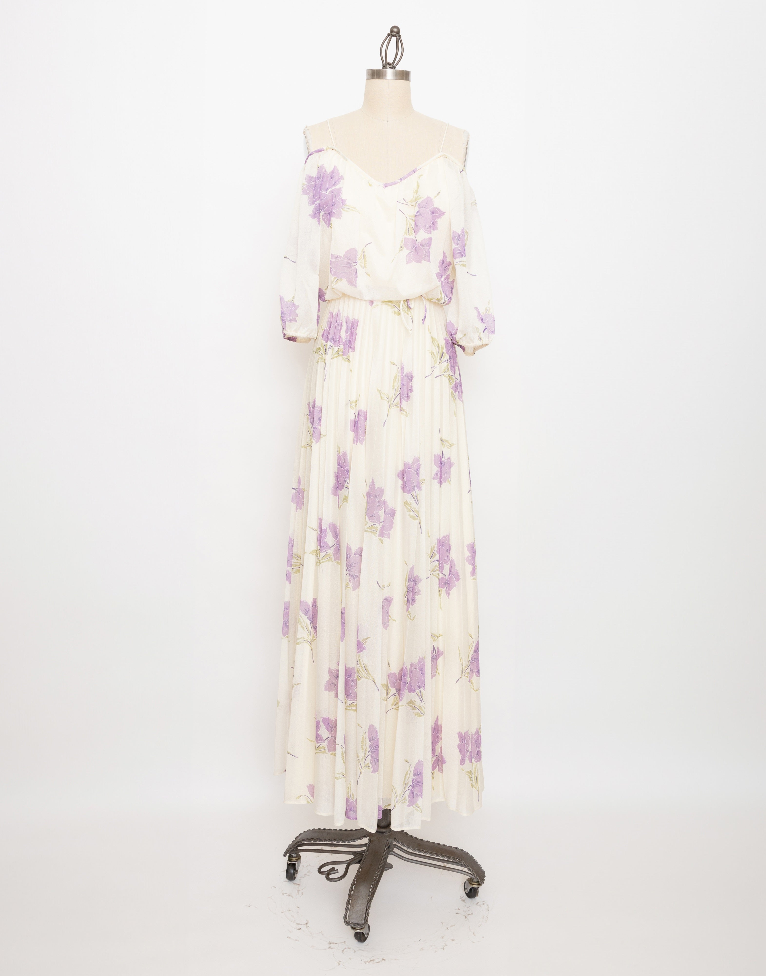 70s ivory and purple flower off shoulder maxi dress