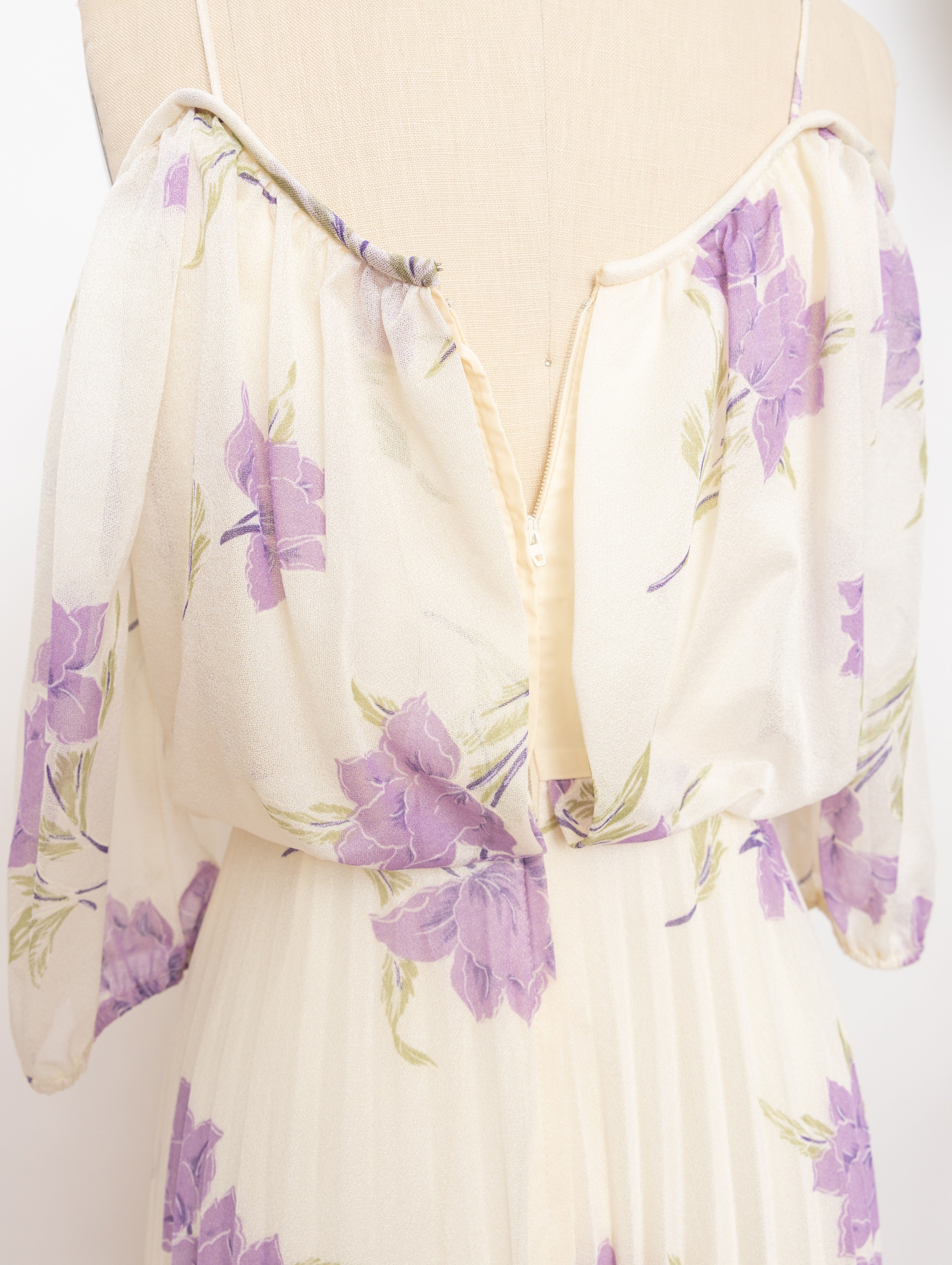 70s ivory and purple flower off shoulder maxi dress