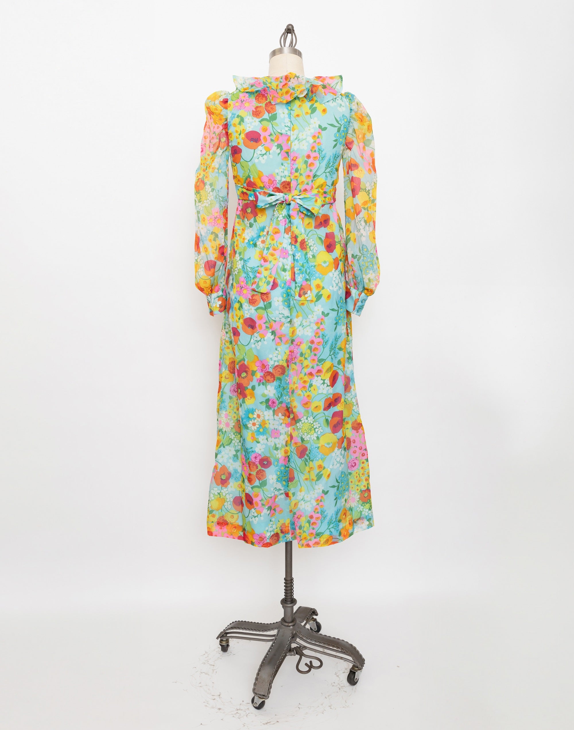70s aqua blue floral maxi dress