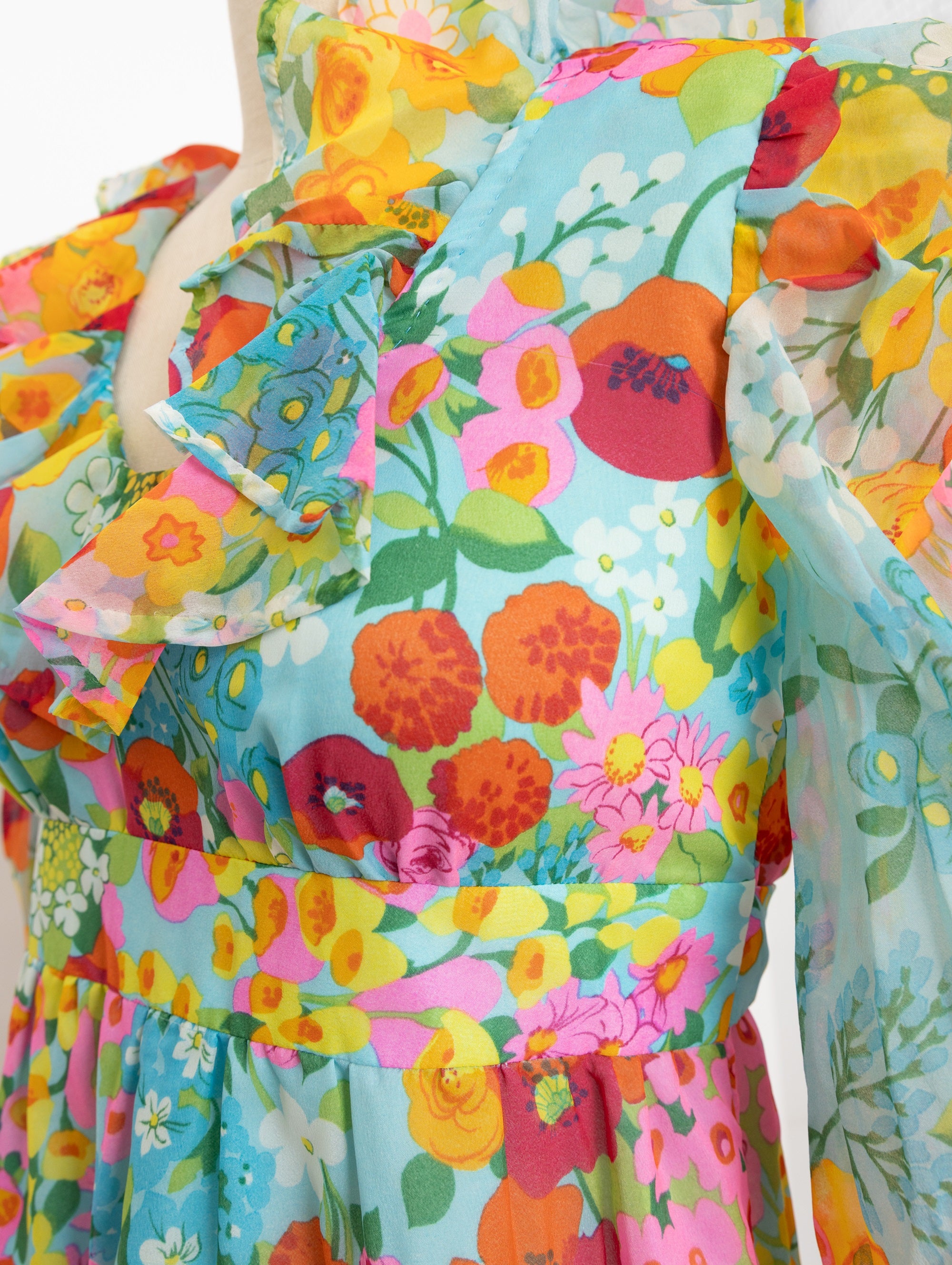70s aqua blue floral maxi dress