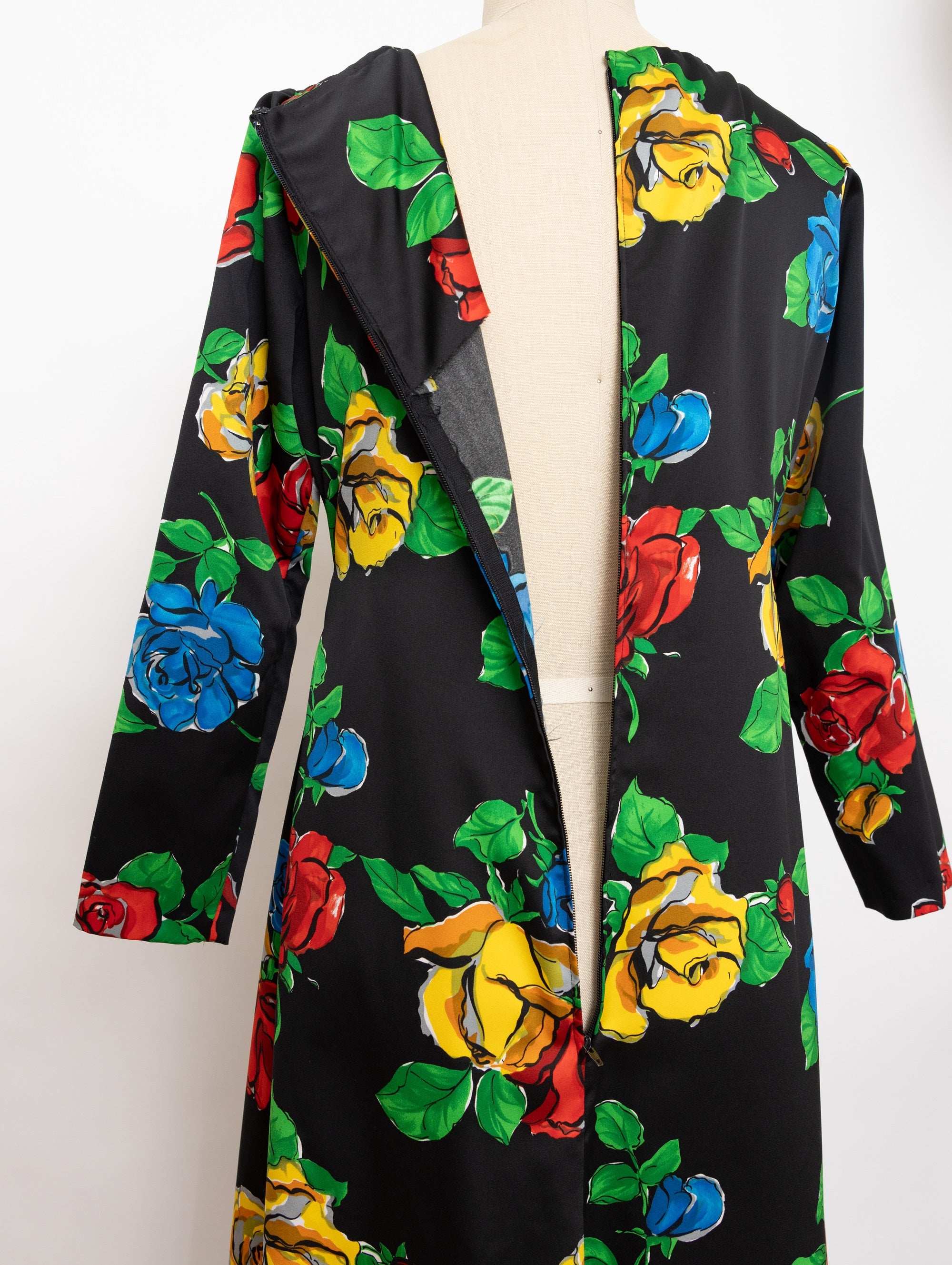 70s/80s black floral tie front with fringe maxi dress
