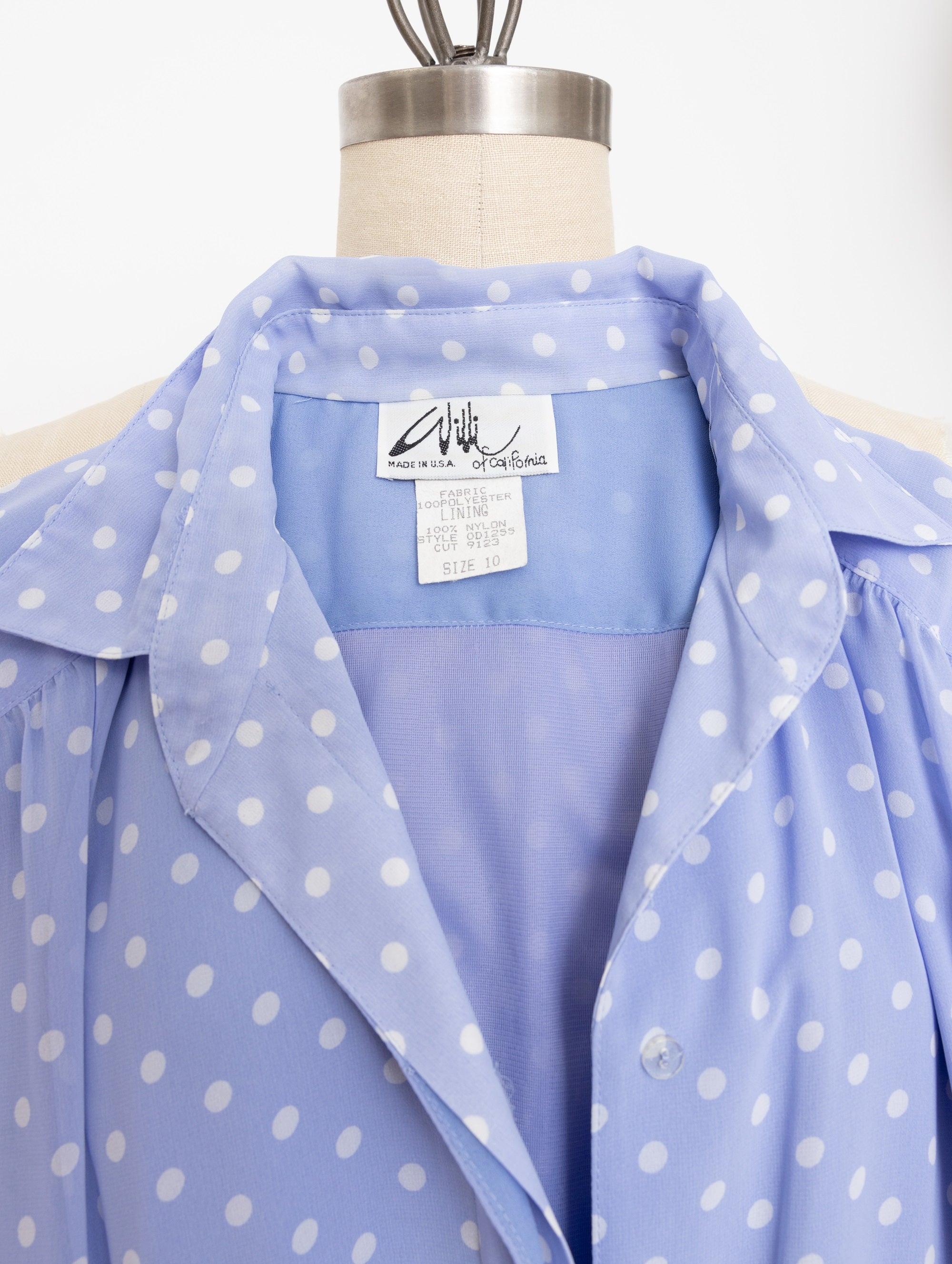 80s/90s periwinkle blue white polka dot dress
