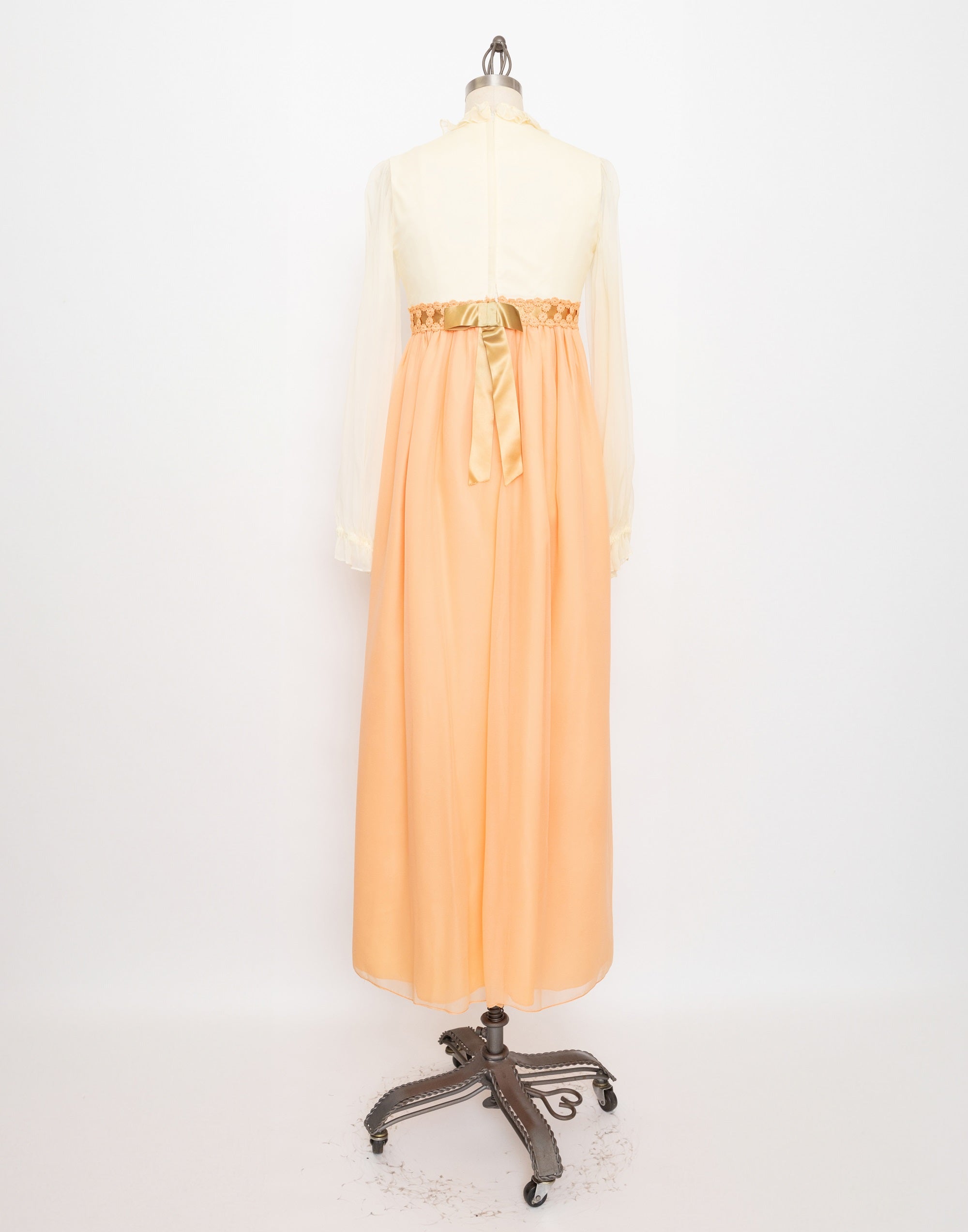 70s cream ruffle and peach skirt maxi dress