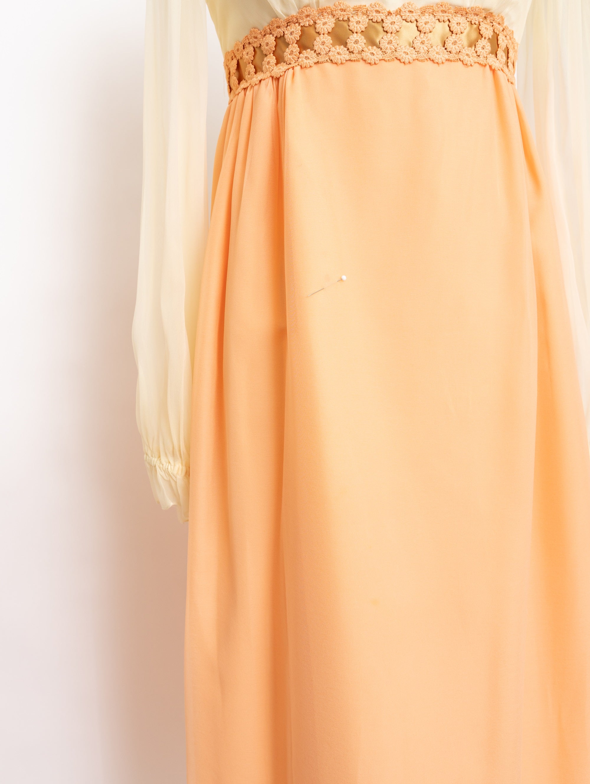 70s cream ruffle and peach skirt maxi dress