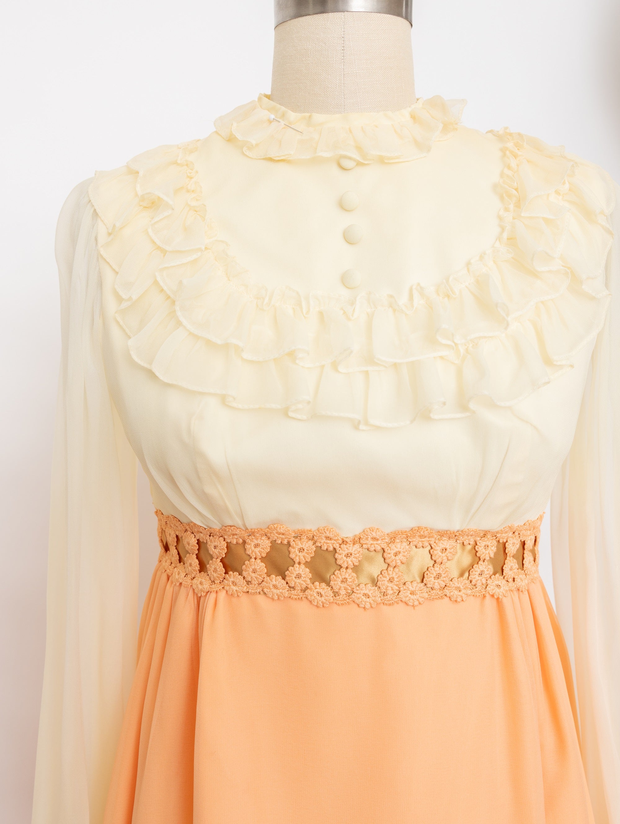 70s cream ruffle and peach skirt maxi dress