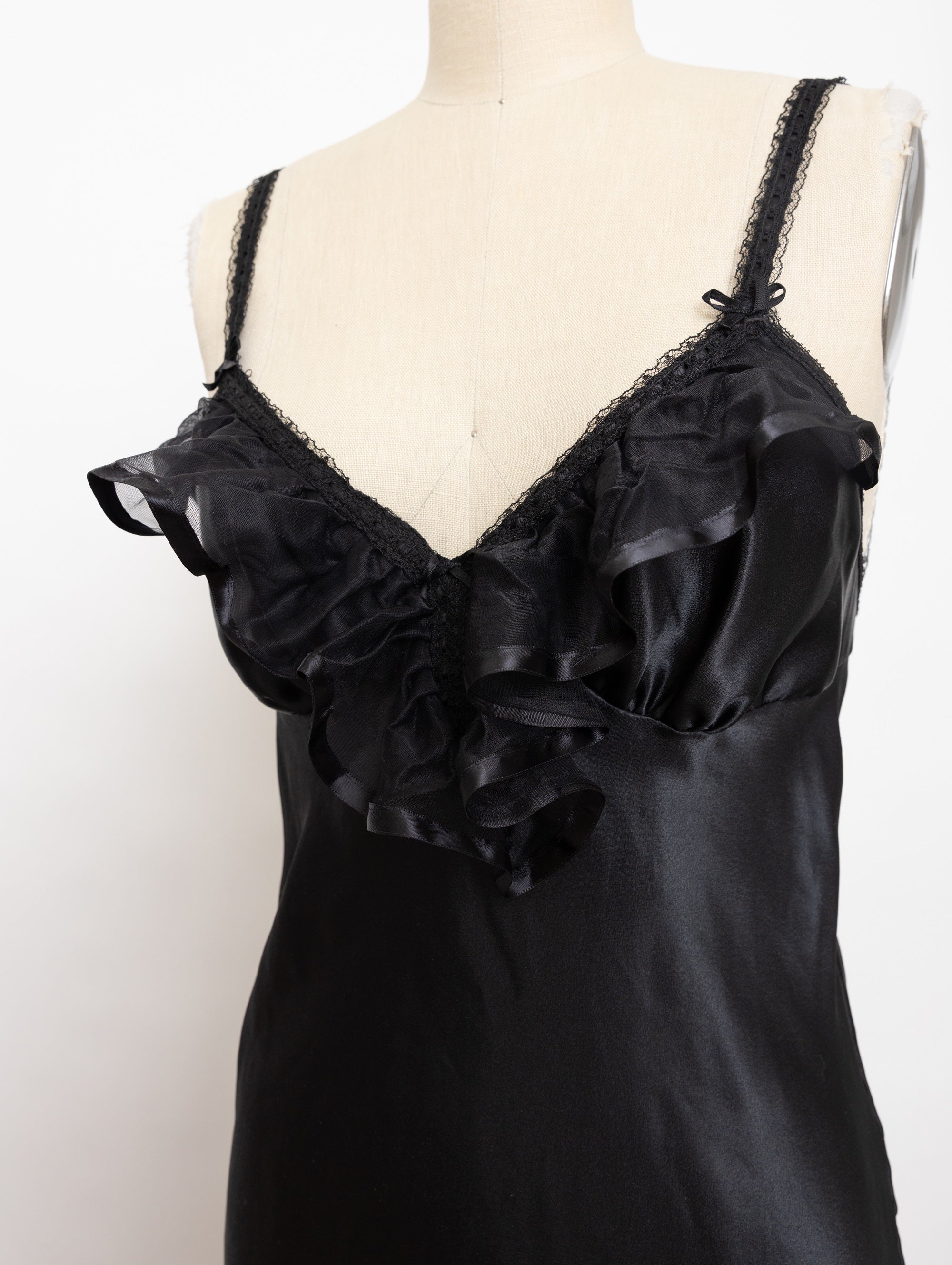 80s black satin ruffle slip dress
