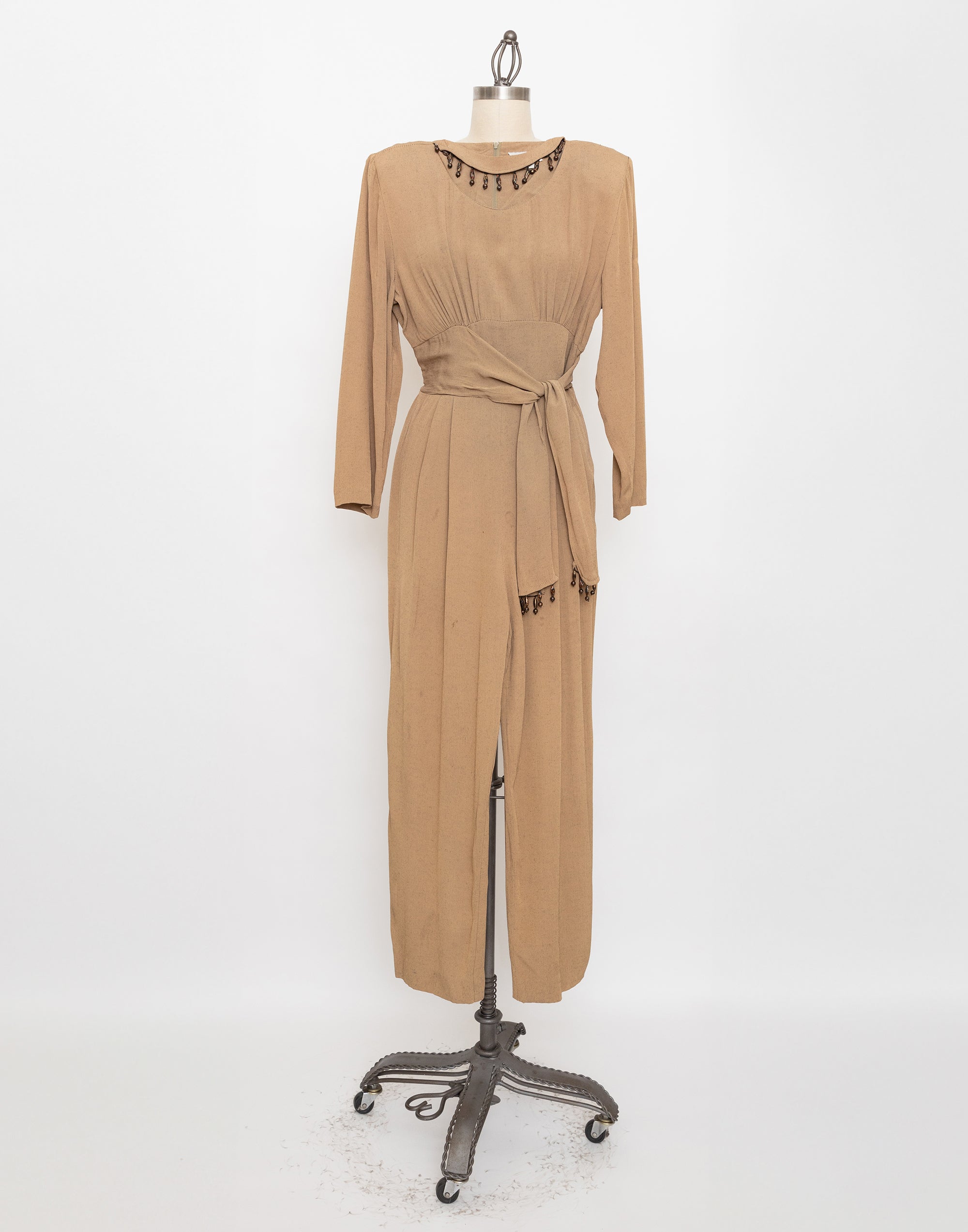 90s beige beaded neckline jumpsuit with waist tie