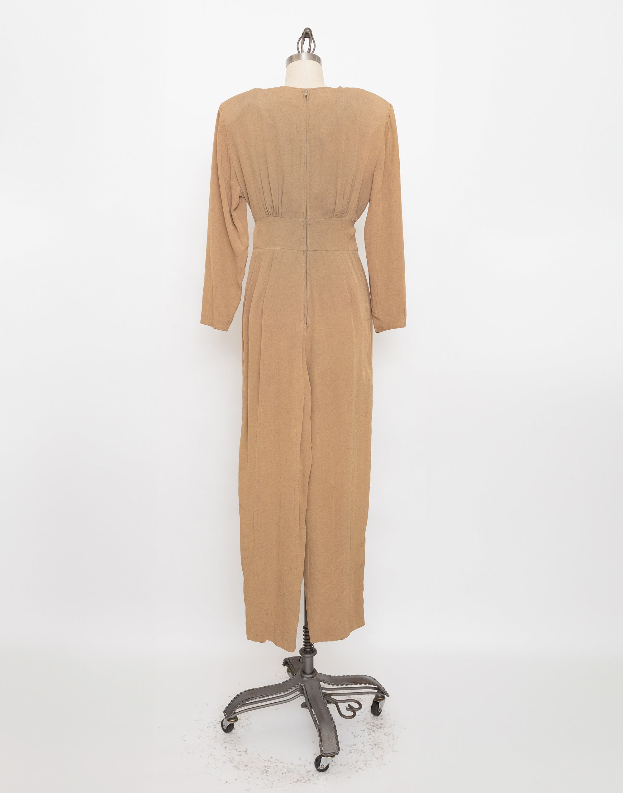 90s beige beaded neckline jumpsuit with waist tie