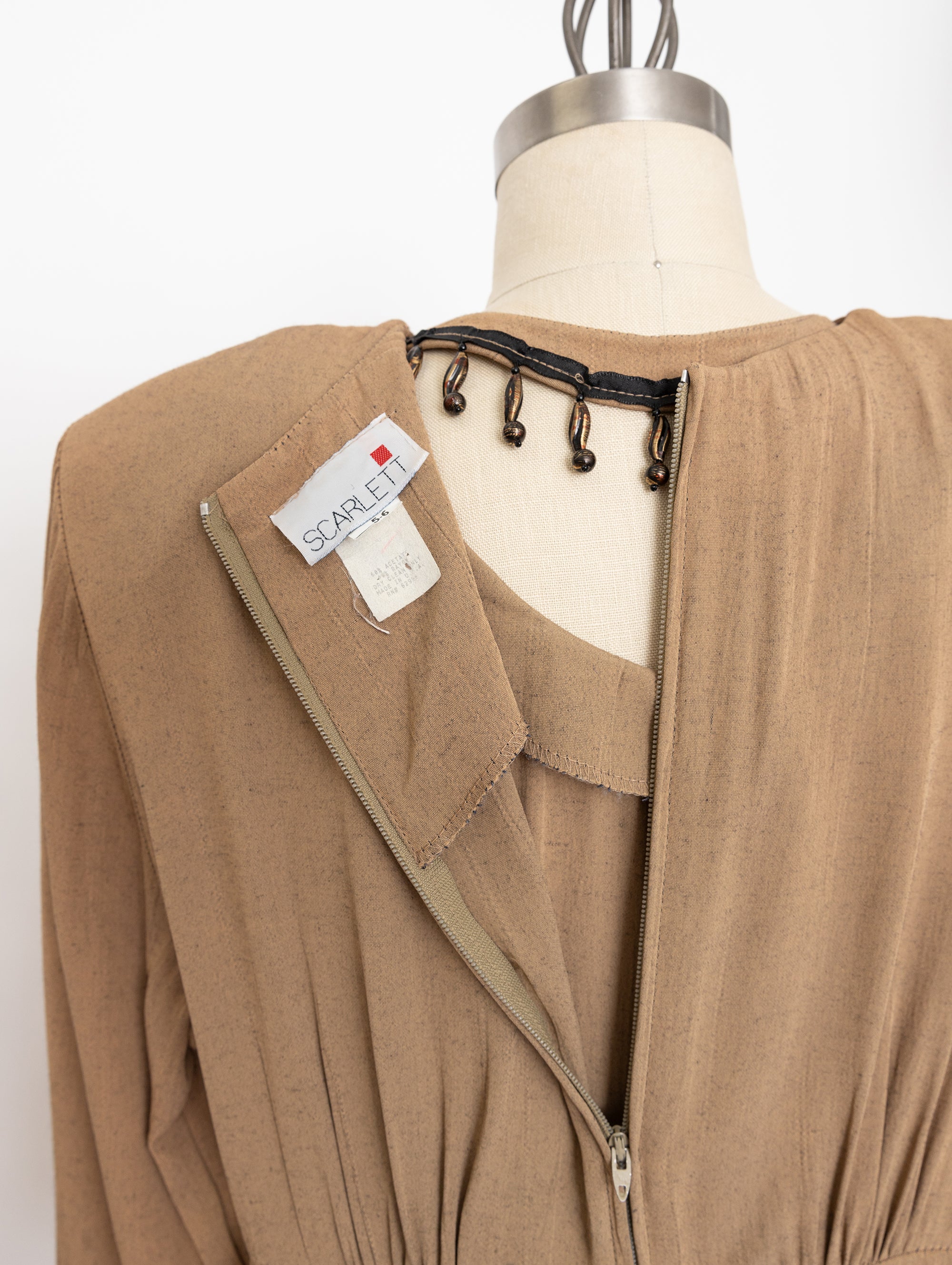 90s beige beaded neckline jumpsuit with waist tie