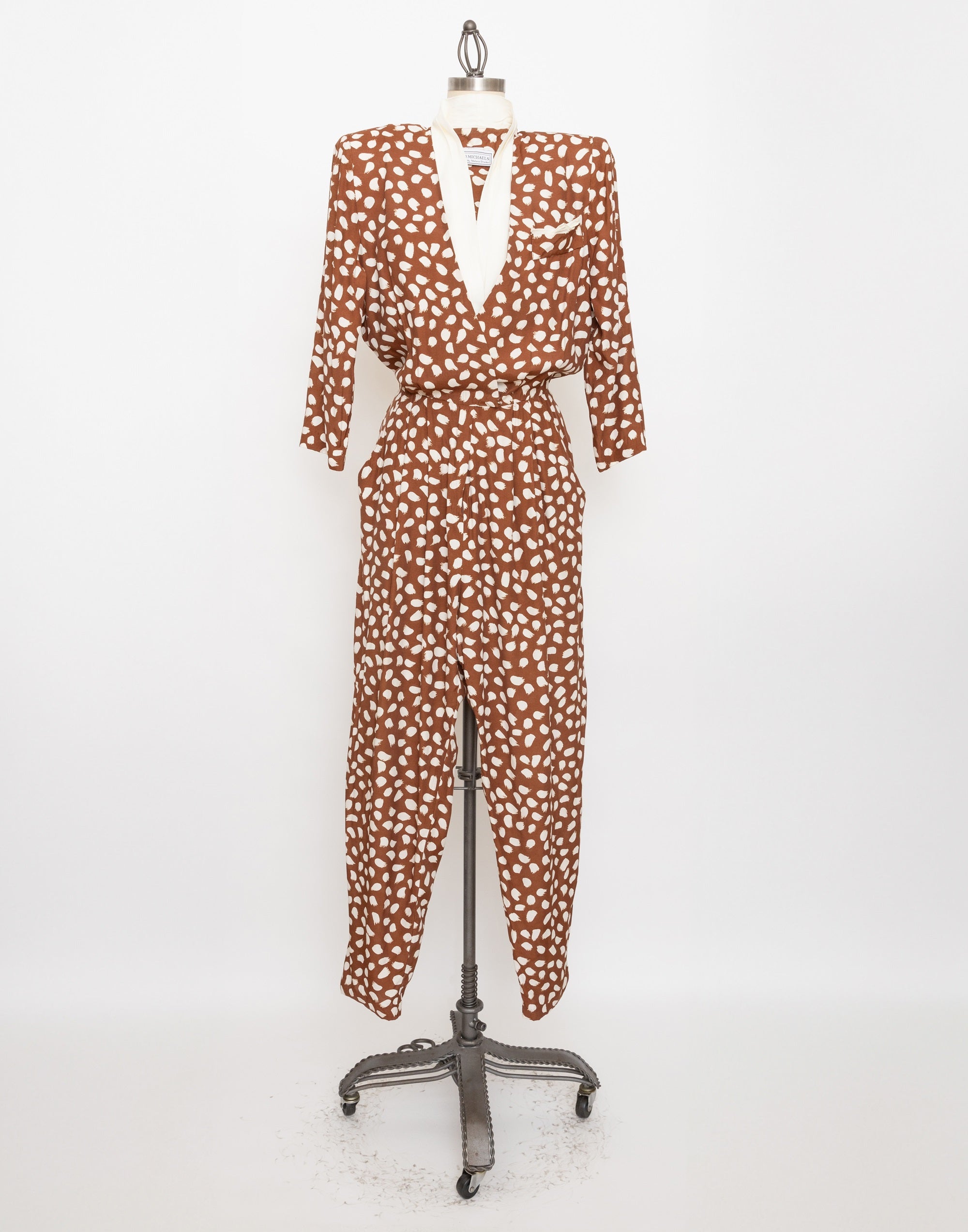 80s/90s light brown polka dot jumpsuit