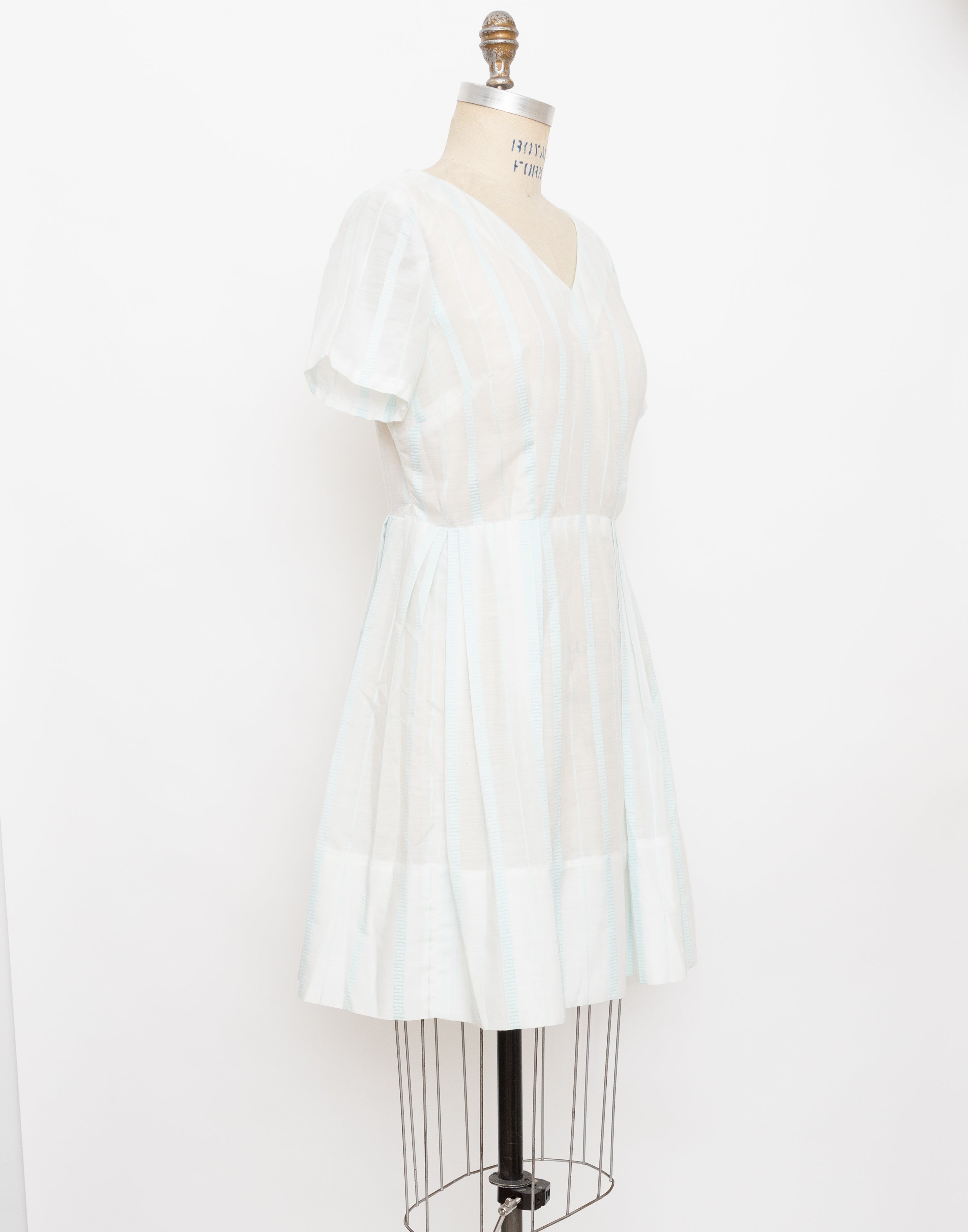 60s semi-sheer white + light blue wide-striped short sleeve dress