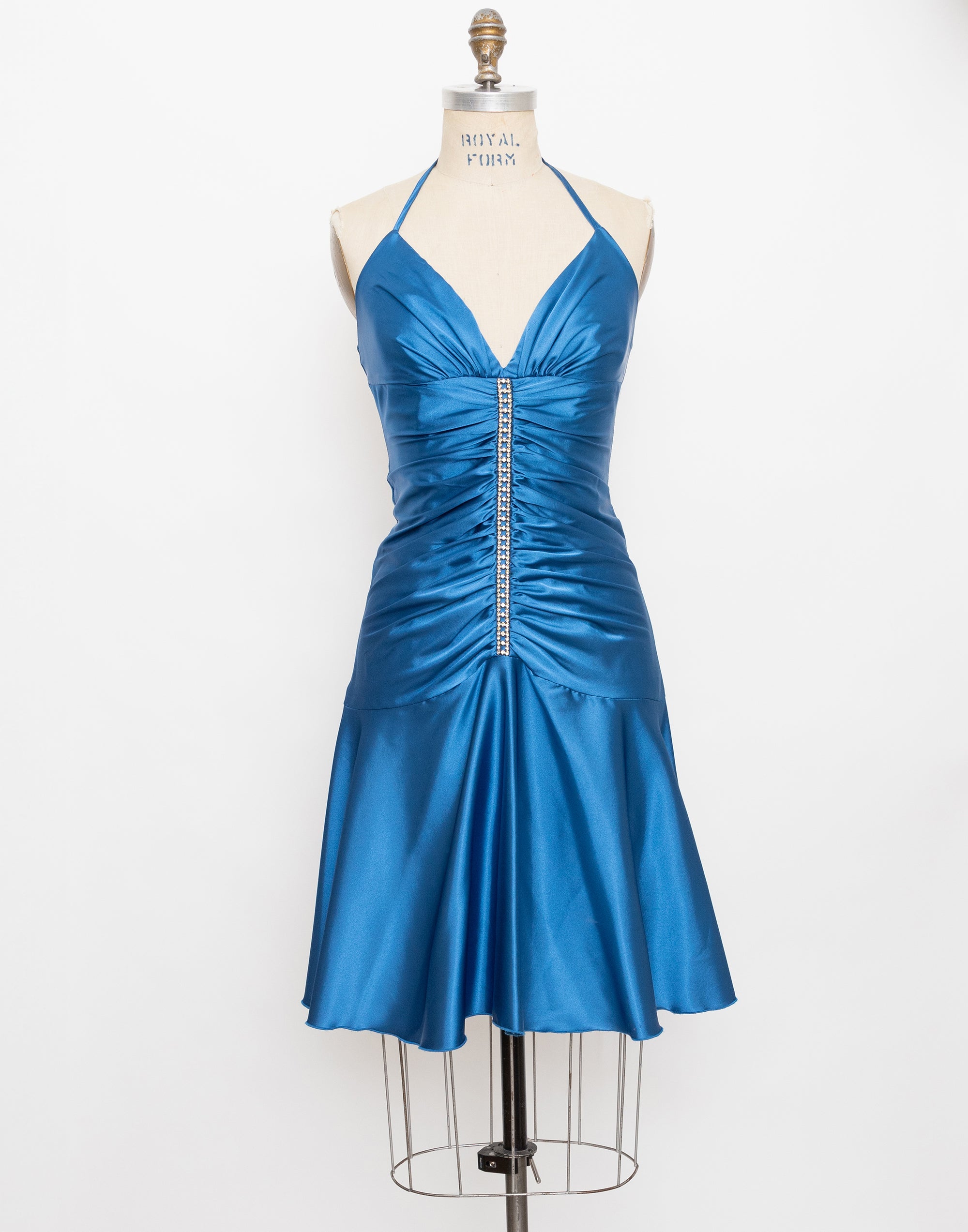 90s blue satin rhinestone halter dress
