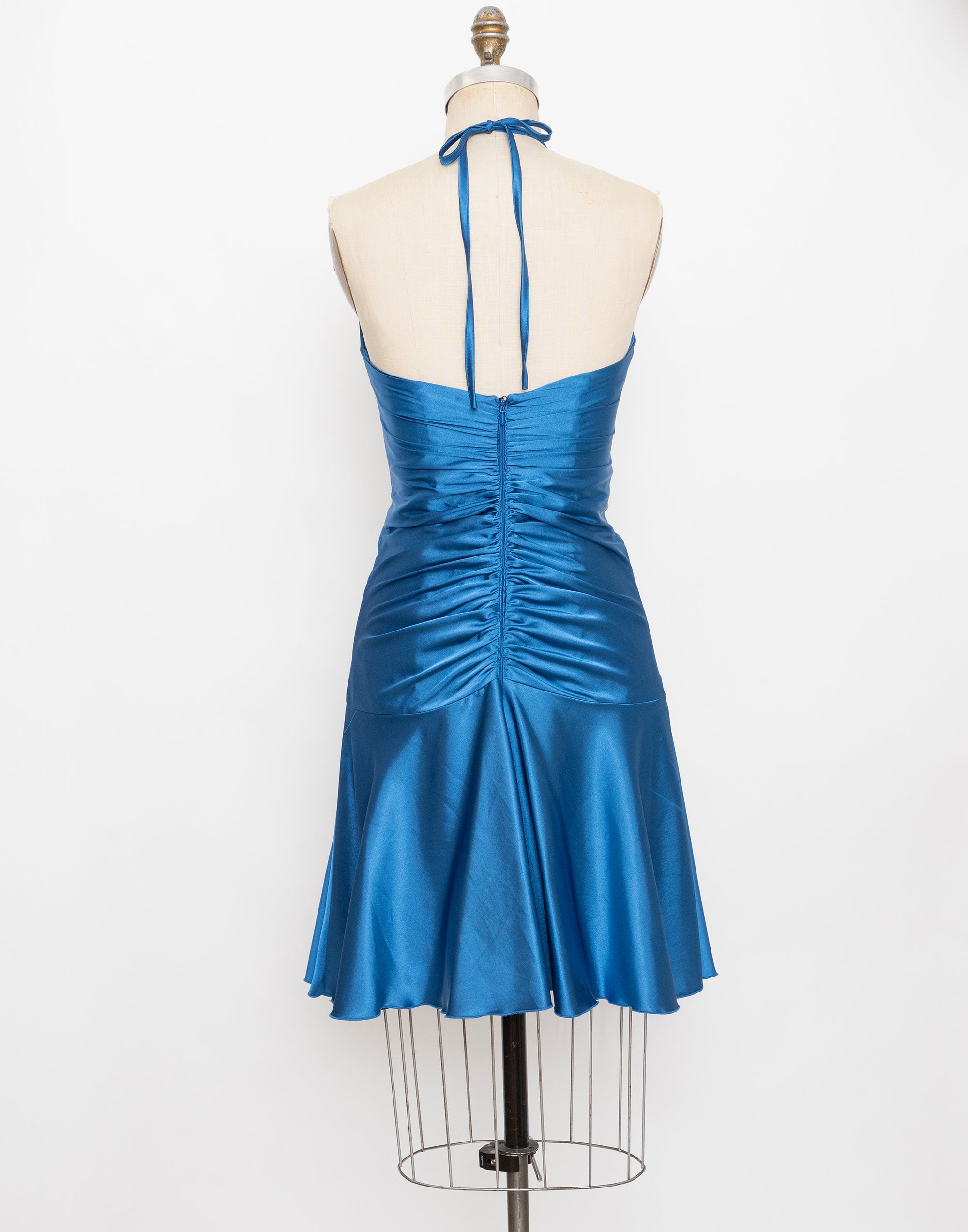 90s blue satin rhinestone halter dress