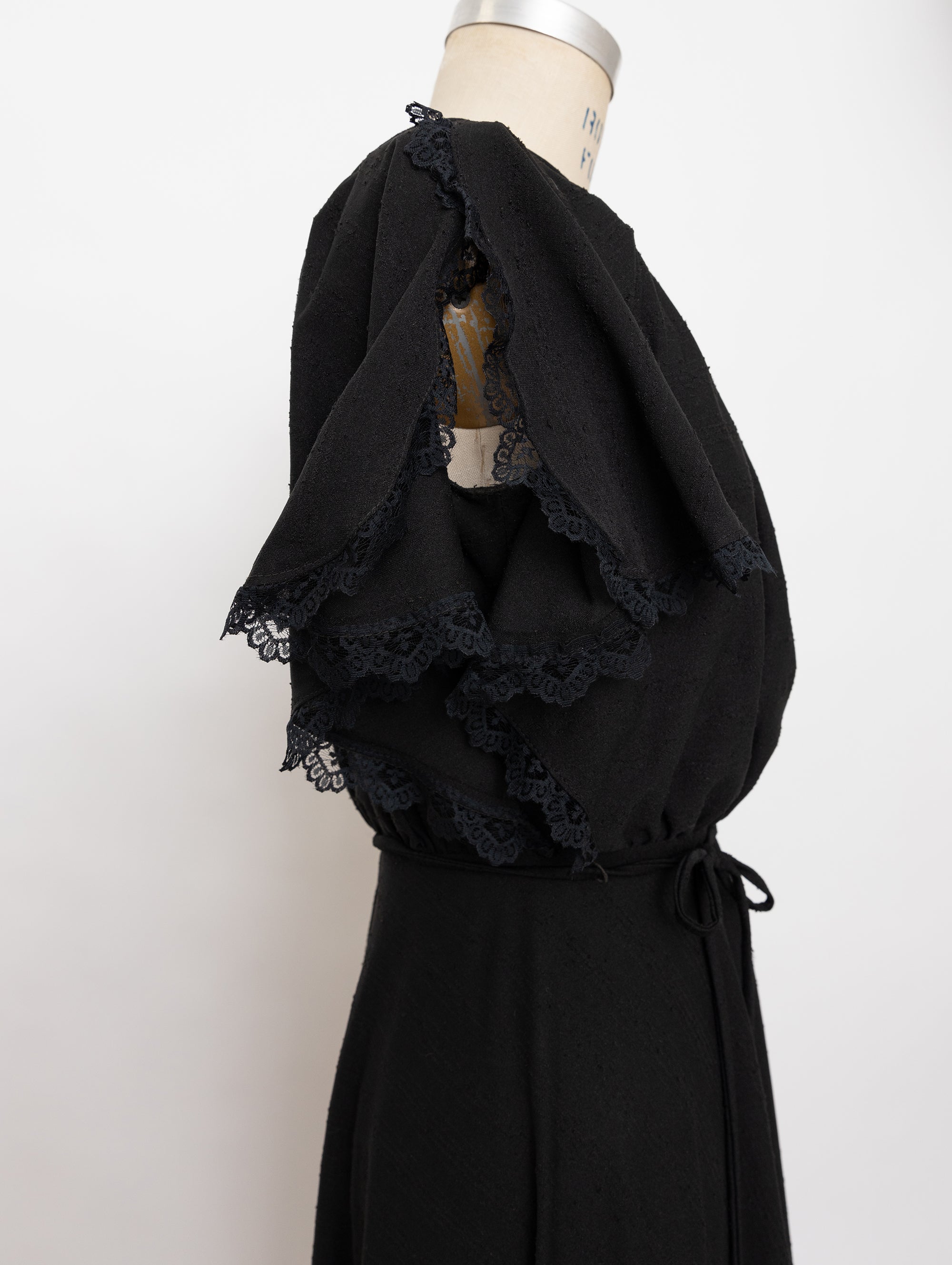 70s black split sleeve lace trim dress