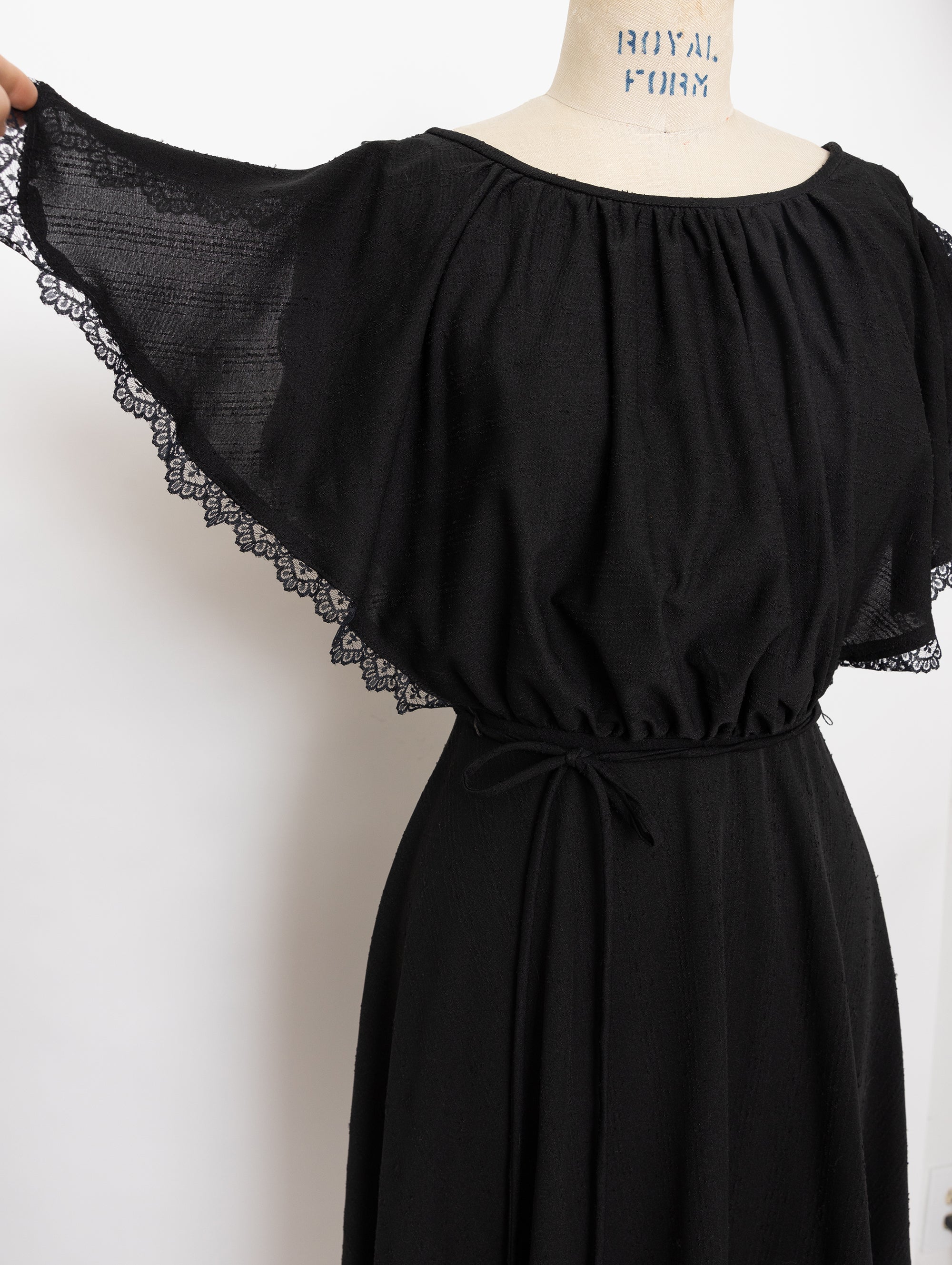 70s black split sleeve lace trim dress