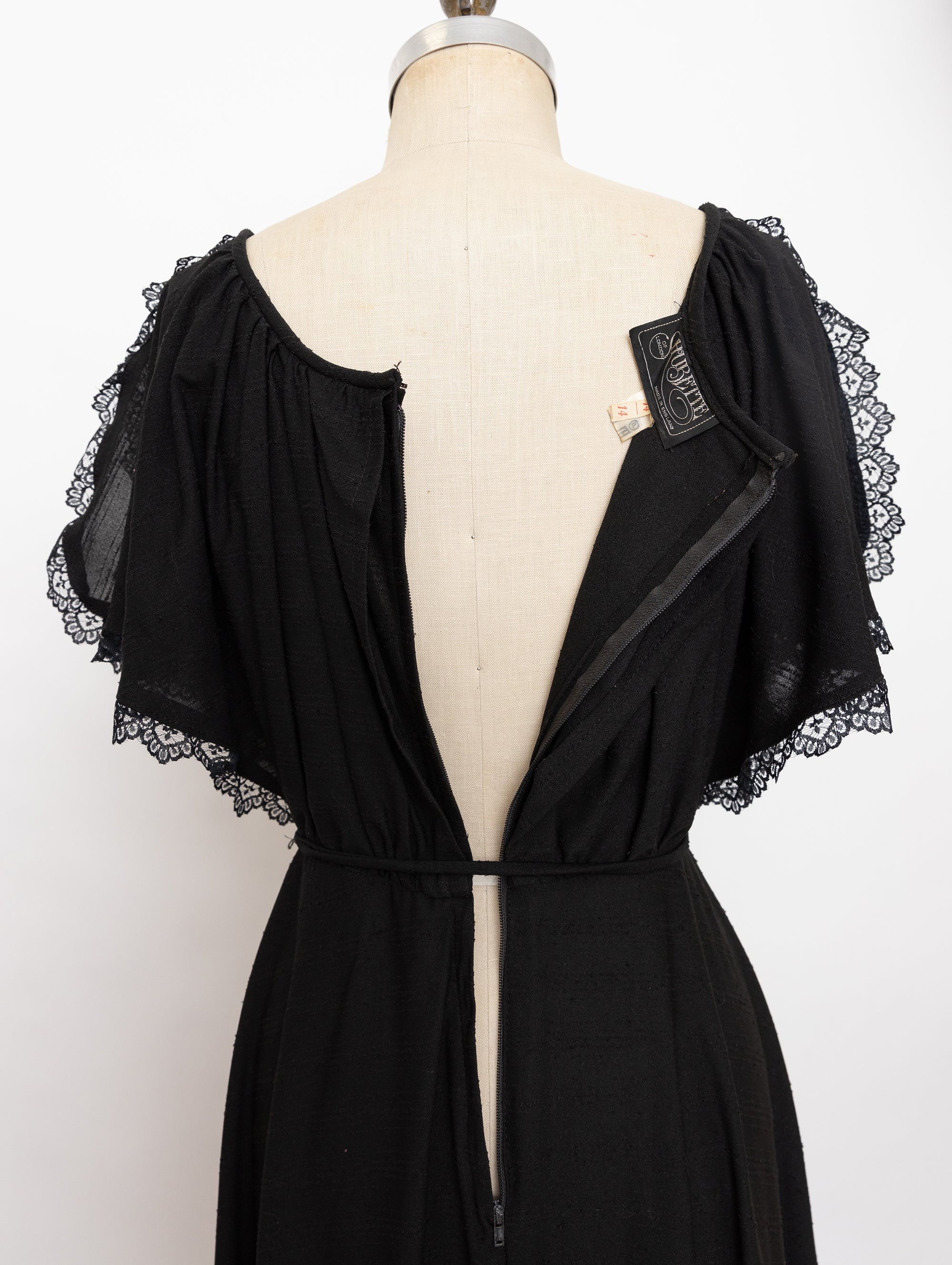 70s black split sleeve lace trim dress