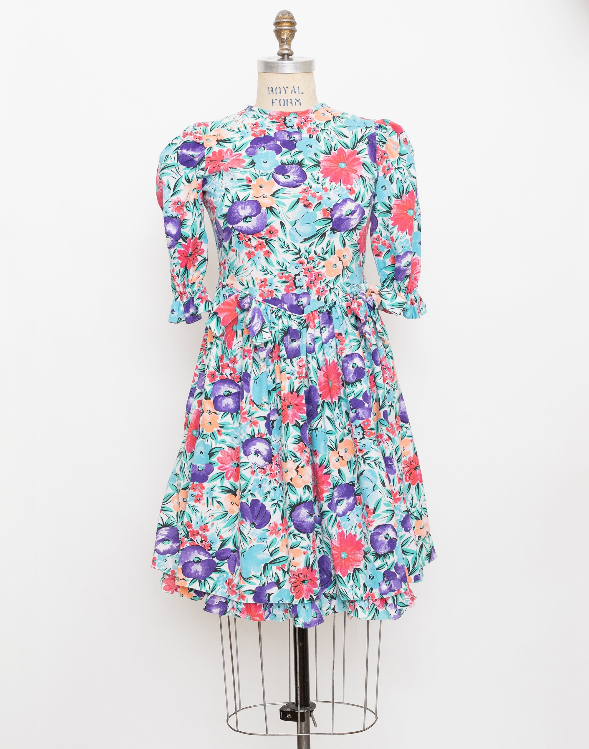 80s/90s aqua blue floral puff sleeve dress