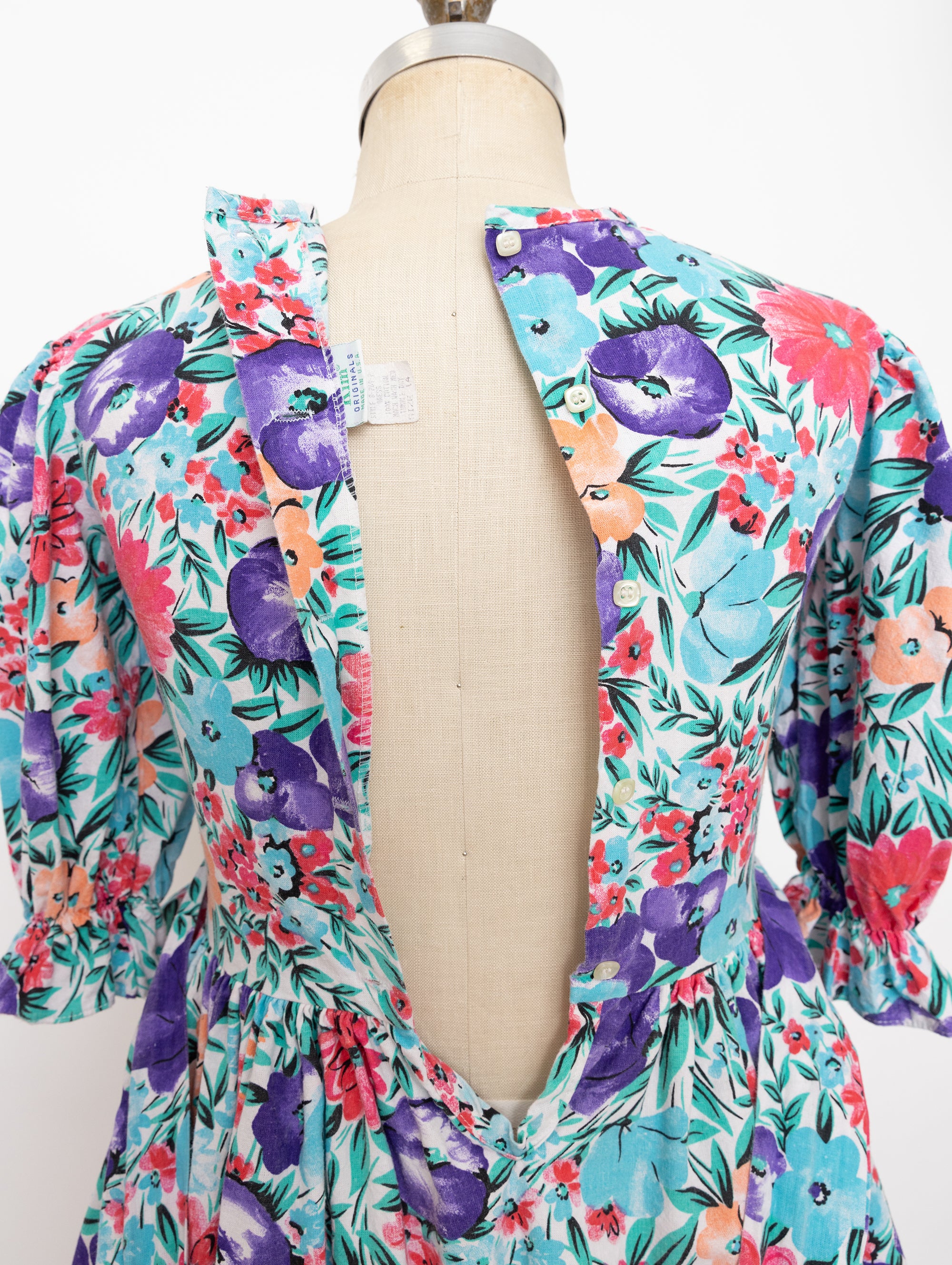 80s/90s aqua blue floral puff sleeve dress