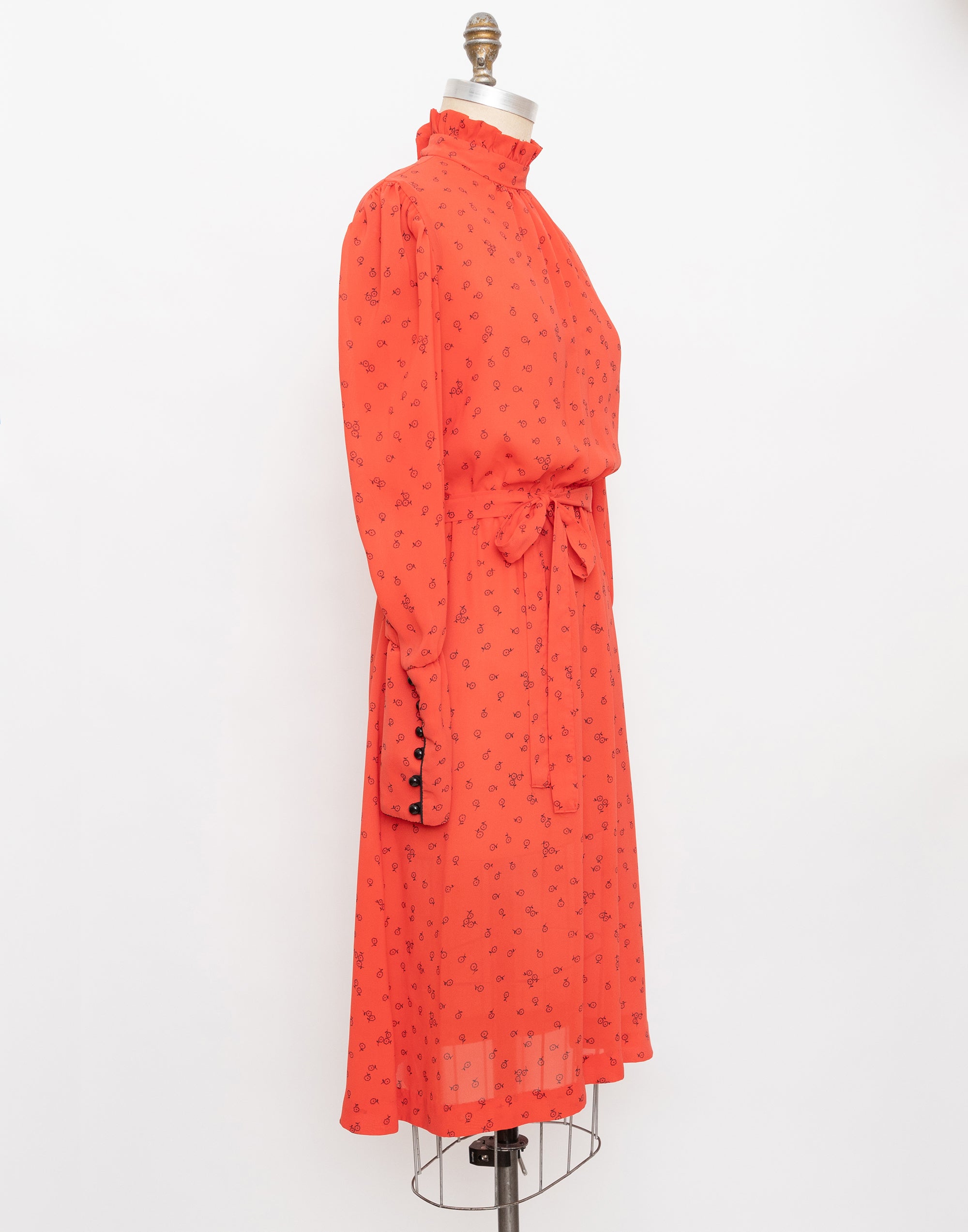80s red and black mini floral print long sleeve dress