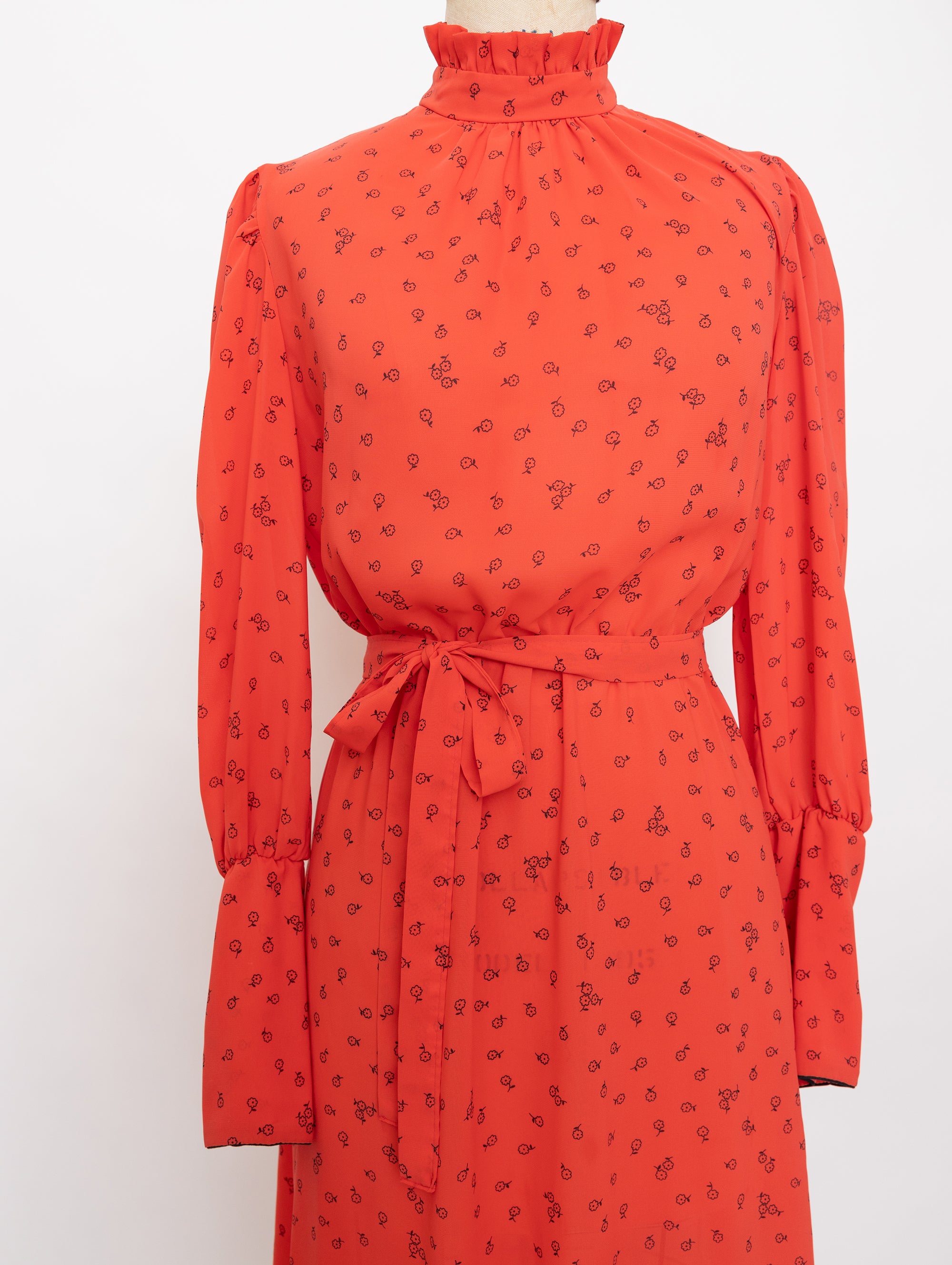 80s red and black mini floral print long sleeve dress