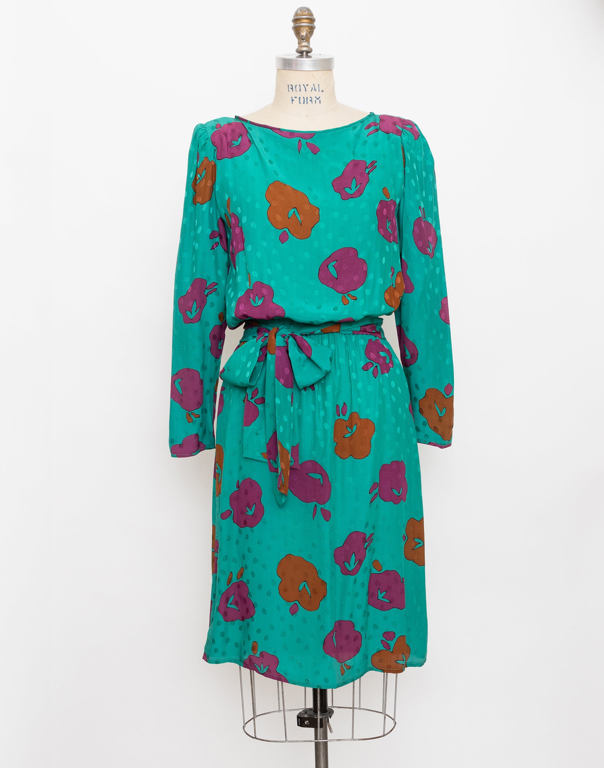 80s turquoise abstract floral long sleeve dress