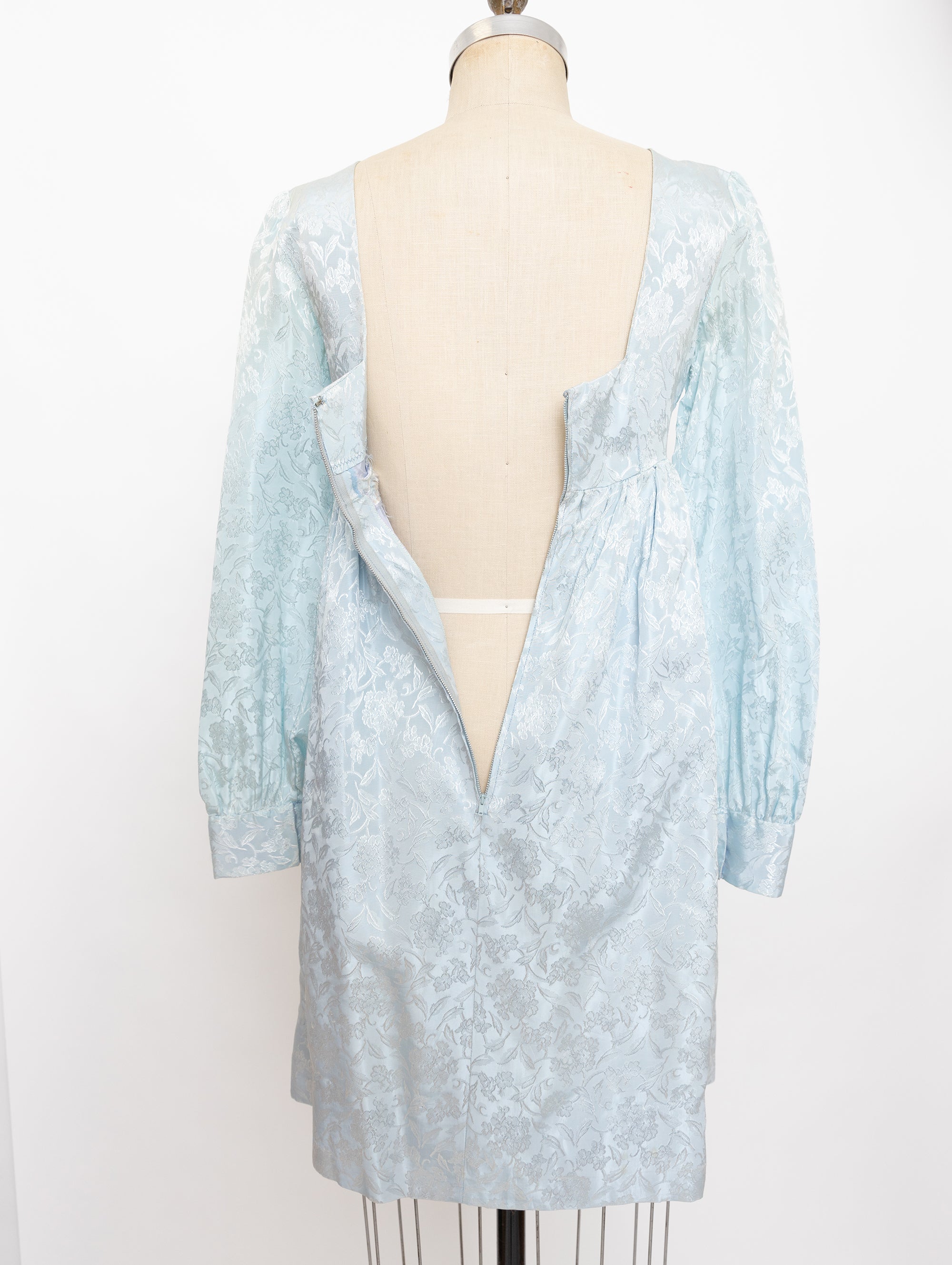 60s light blue jacquard long sleeve empire dress