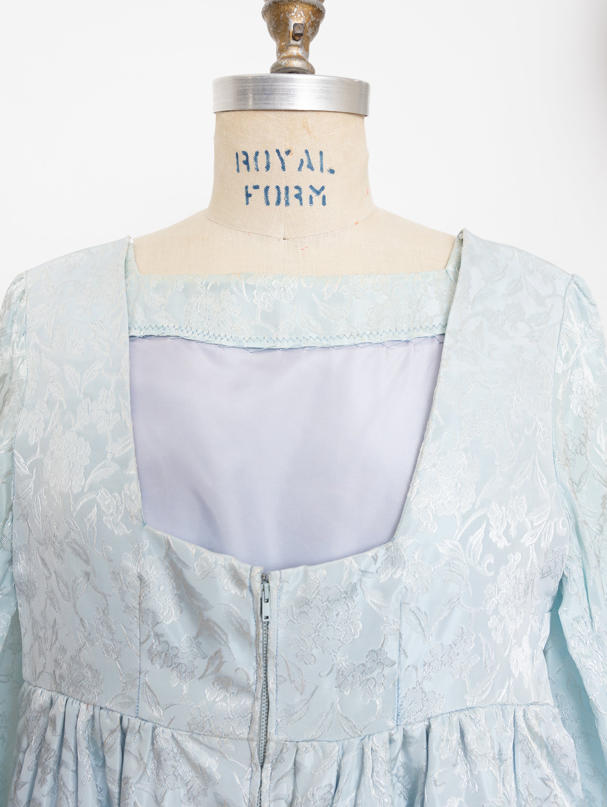 60s light blue jacquard long sleeve empire dress
