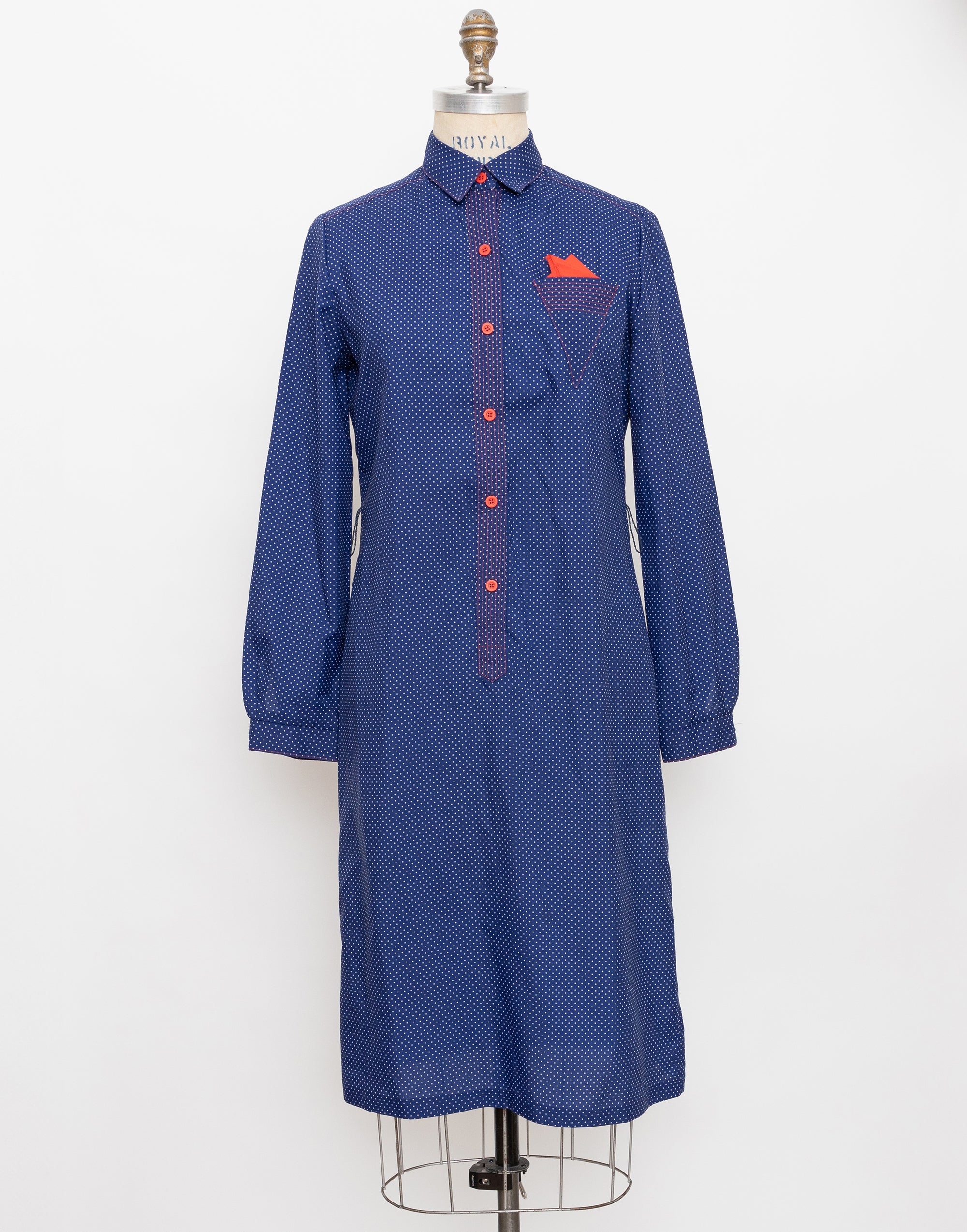 80s/90s Neiman Marcus navy small dot shirt dress with red pocket square detail 1
