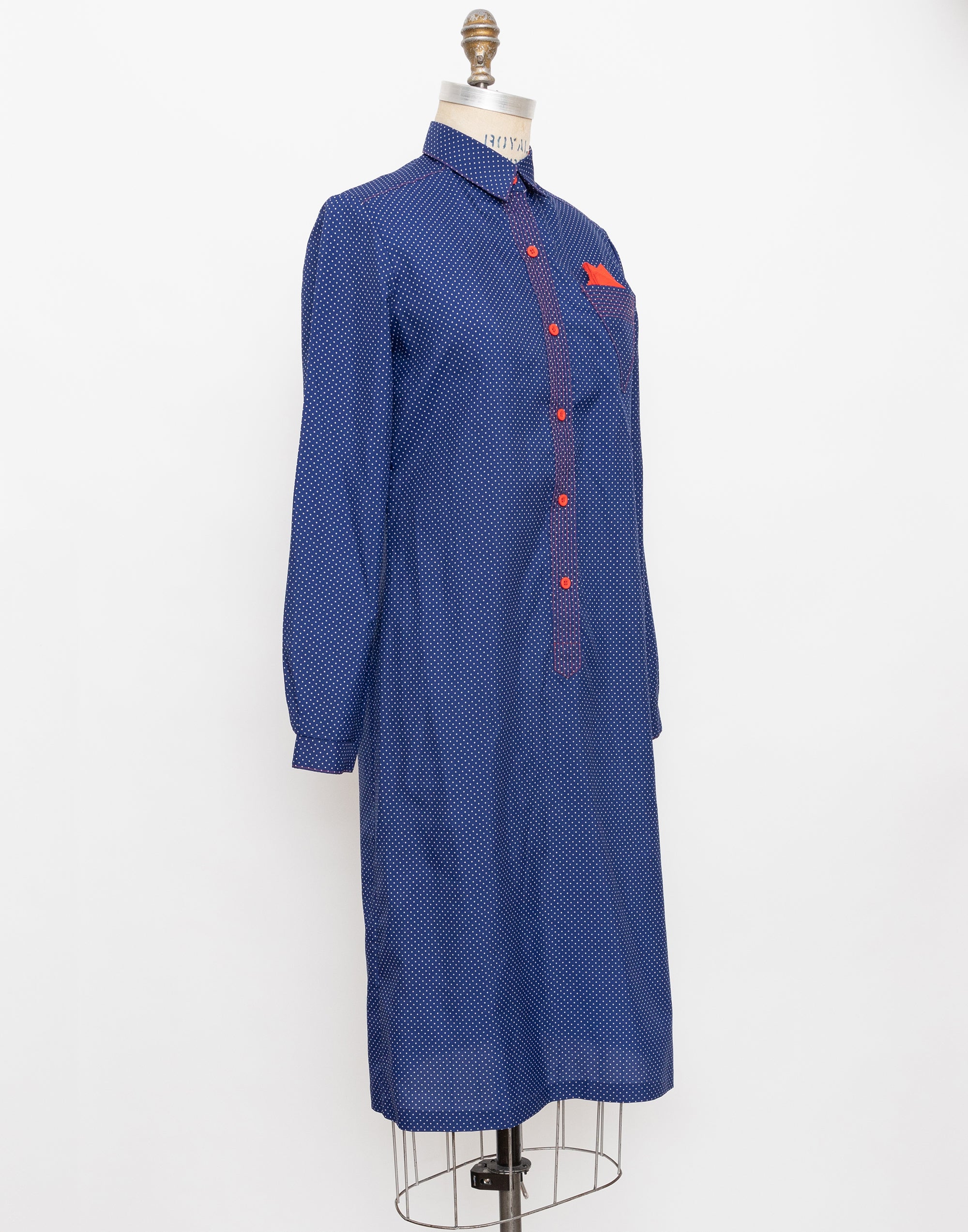 80s/90s Neiman Marcus navy small dot shirt dress with red pocket square detail 2