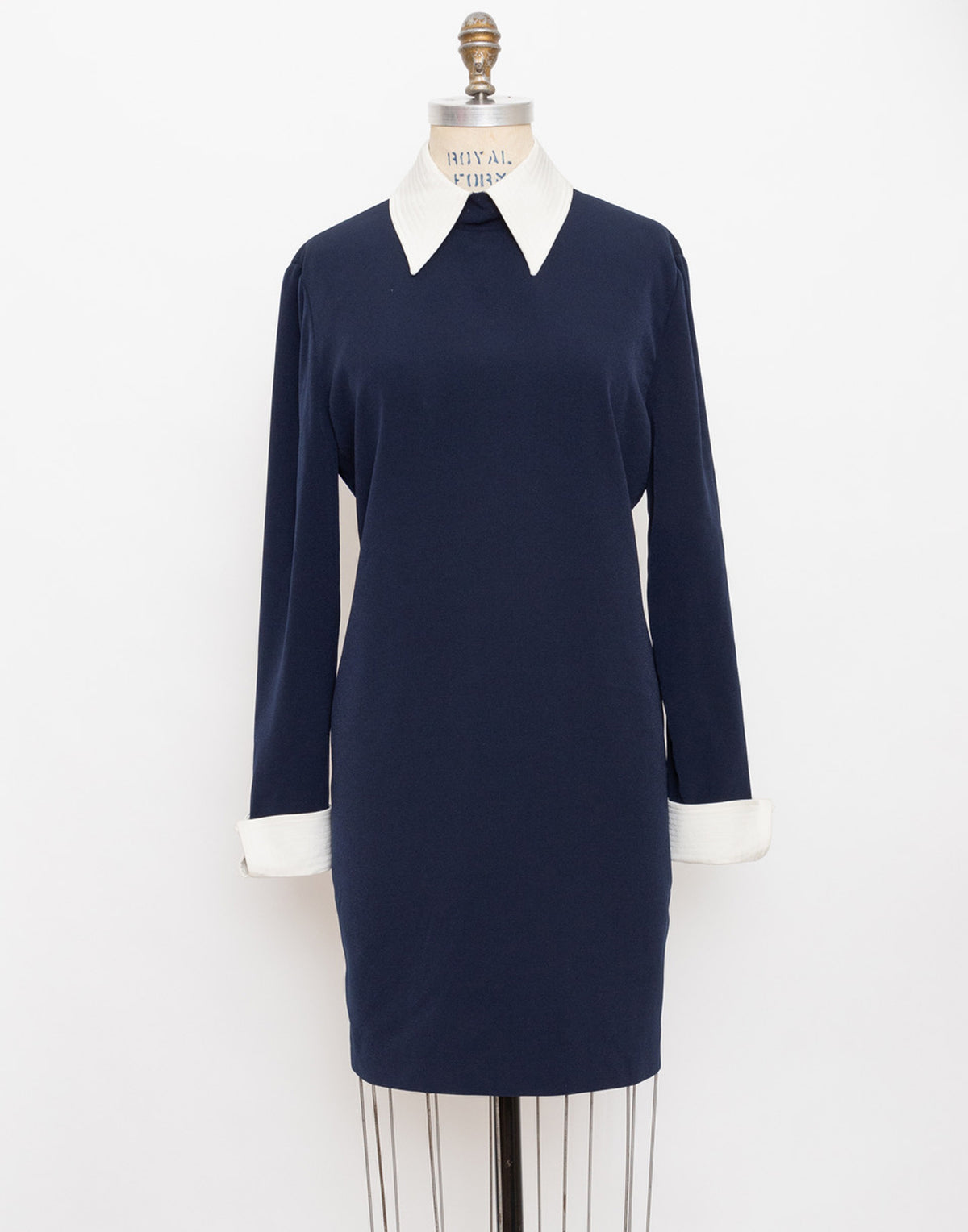 navy dress white trim 90s rena rowan for saville long sleeve pointy collar the collection inspires women showroom Mia Matte Satin Dress Color:Blue Stripe