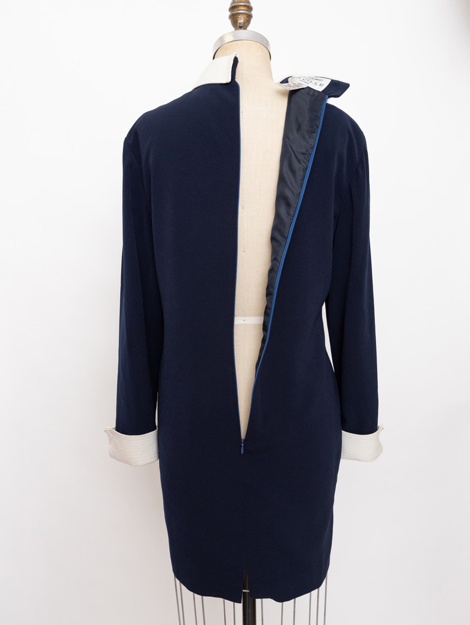 90s Rena Rowan for Saville navy long sleeve dress white pointy collar + cuffs 5