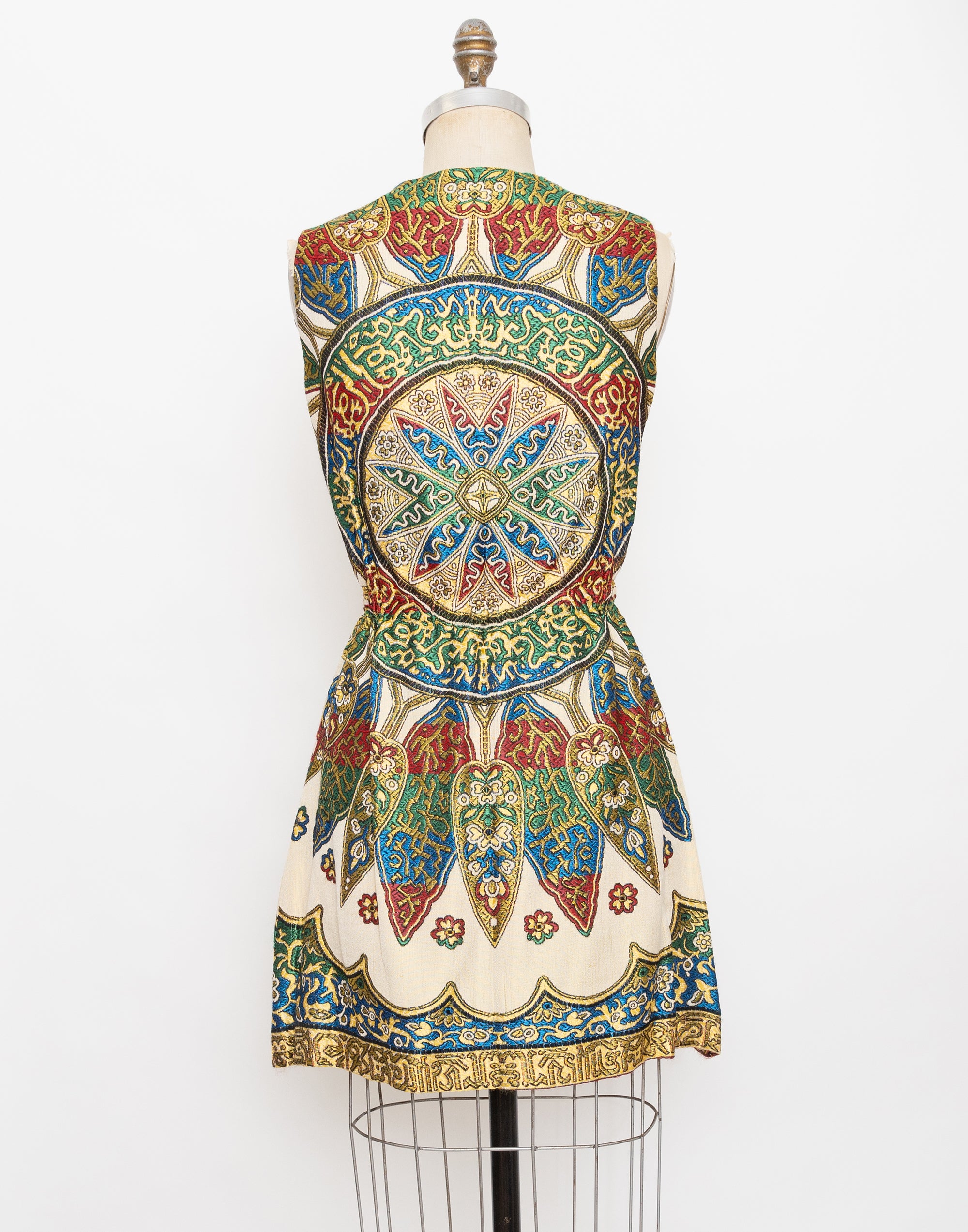 70s mr gee medieval print brocade hostess dress