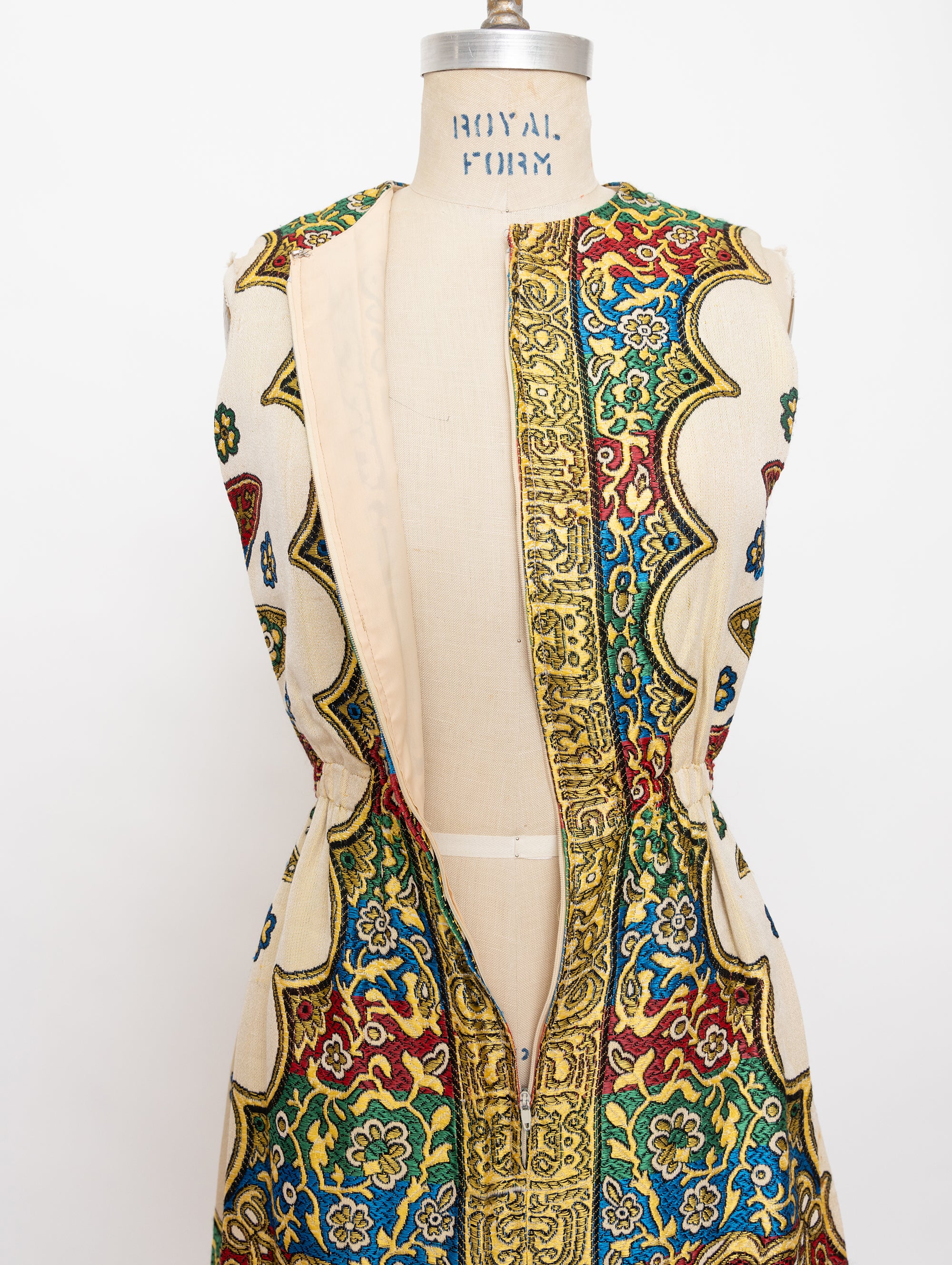 70s mr gee medieval print brocade hostess dress