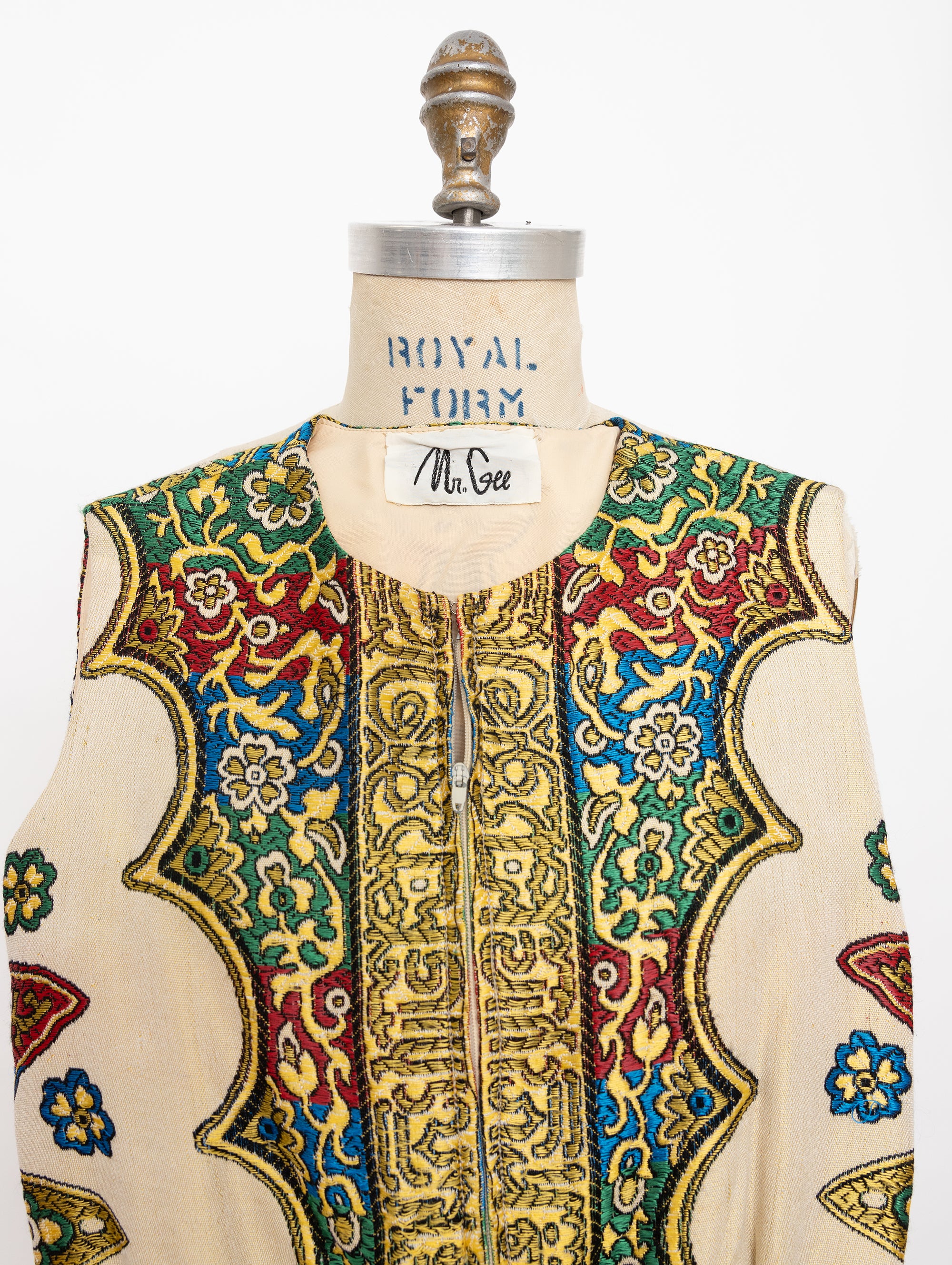 70s mr gee medieval print brocade hostess dress