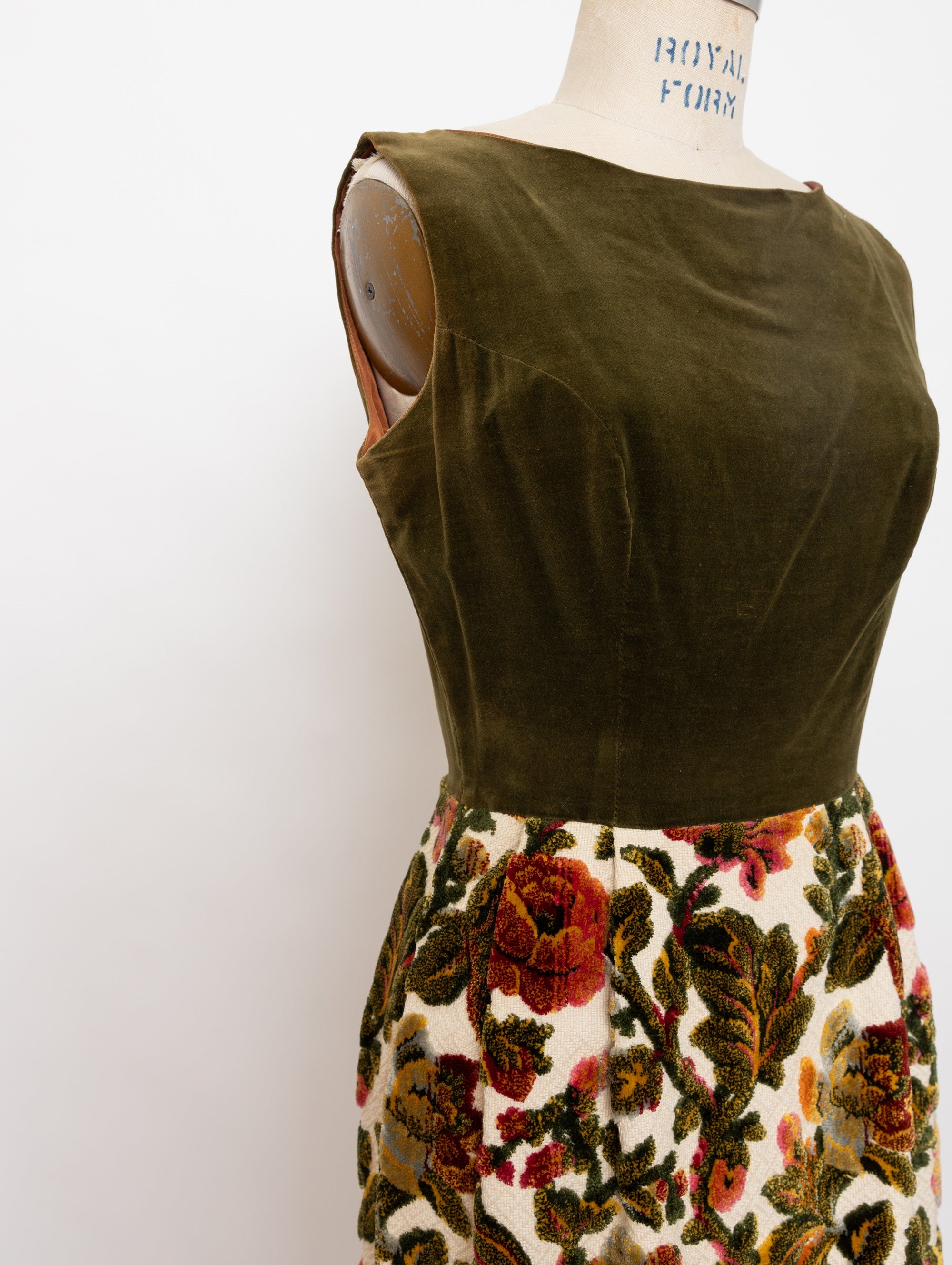60s olive green upholstery floral shift dress