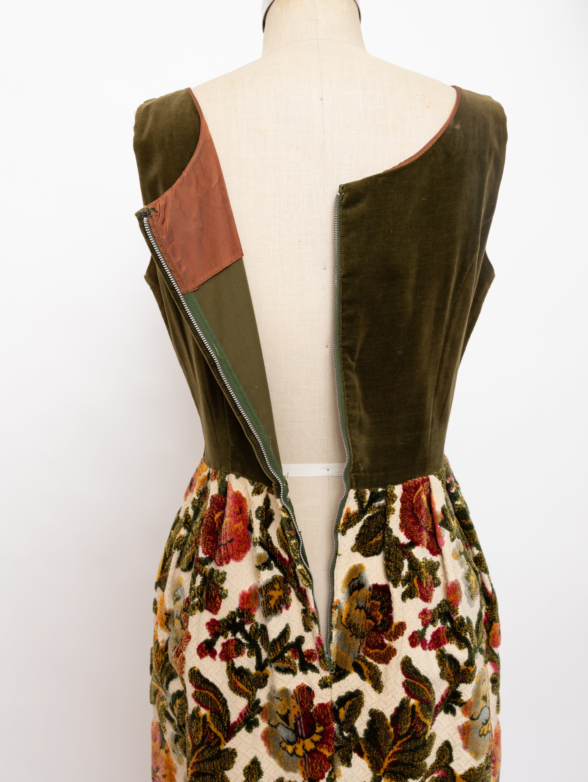 60s olive green upholstery floral shift dress